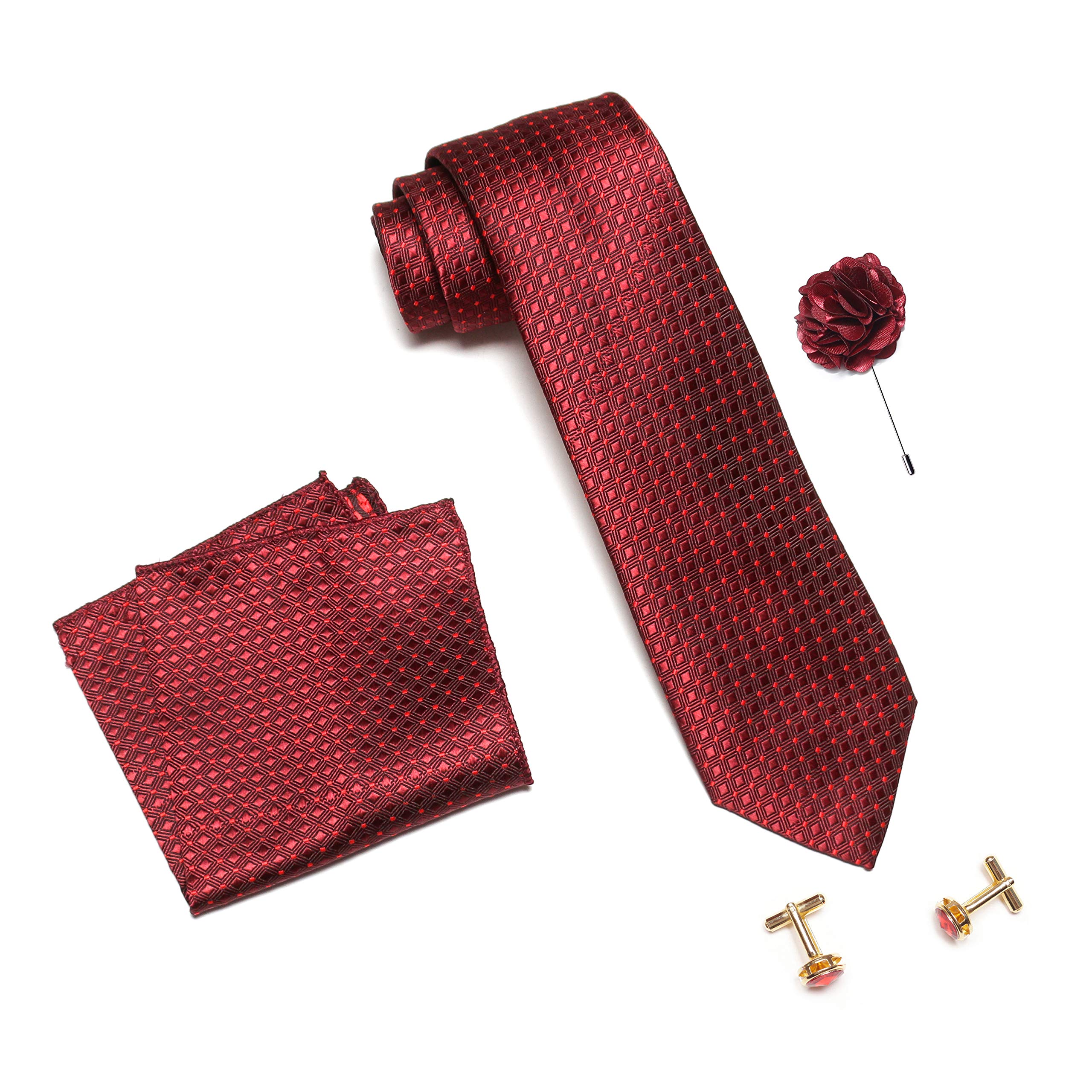 axlon Men's Micro Polyester Dotted Necktie Set with Pocket Square, Brooch Pin and Cufflinks (Dark Red, Free Size)-picture-35