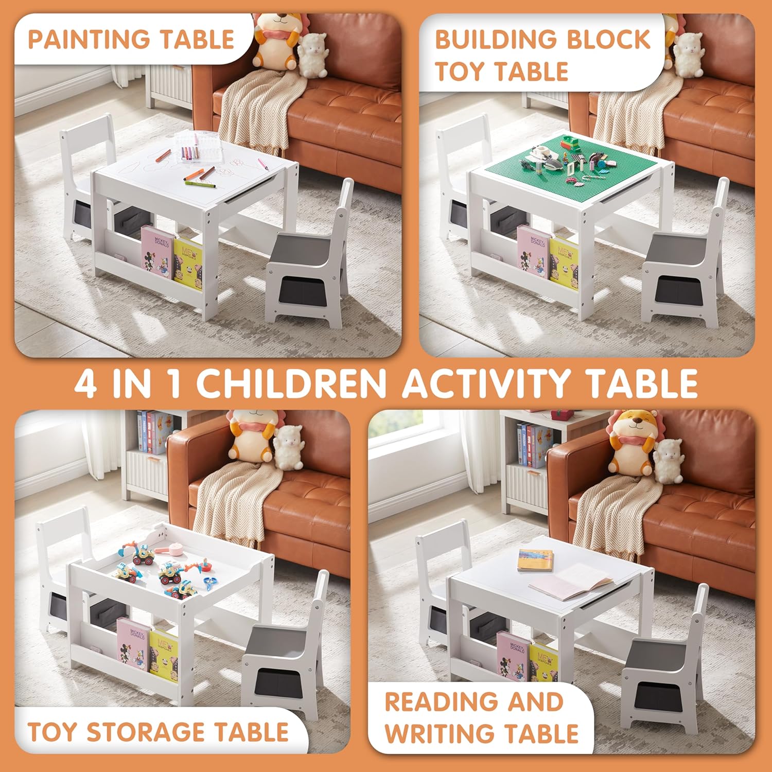 Kids Table and Chair Set, 3 in 1 Wooden Activity Table with Bookshelves and Storage Drawer, 2 in 1 Detachable Tabletop Construction Play Table Set for Drawing, Reading