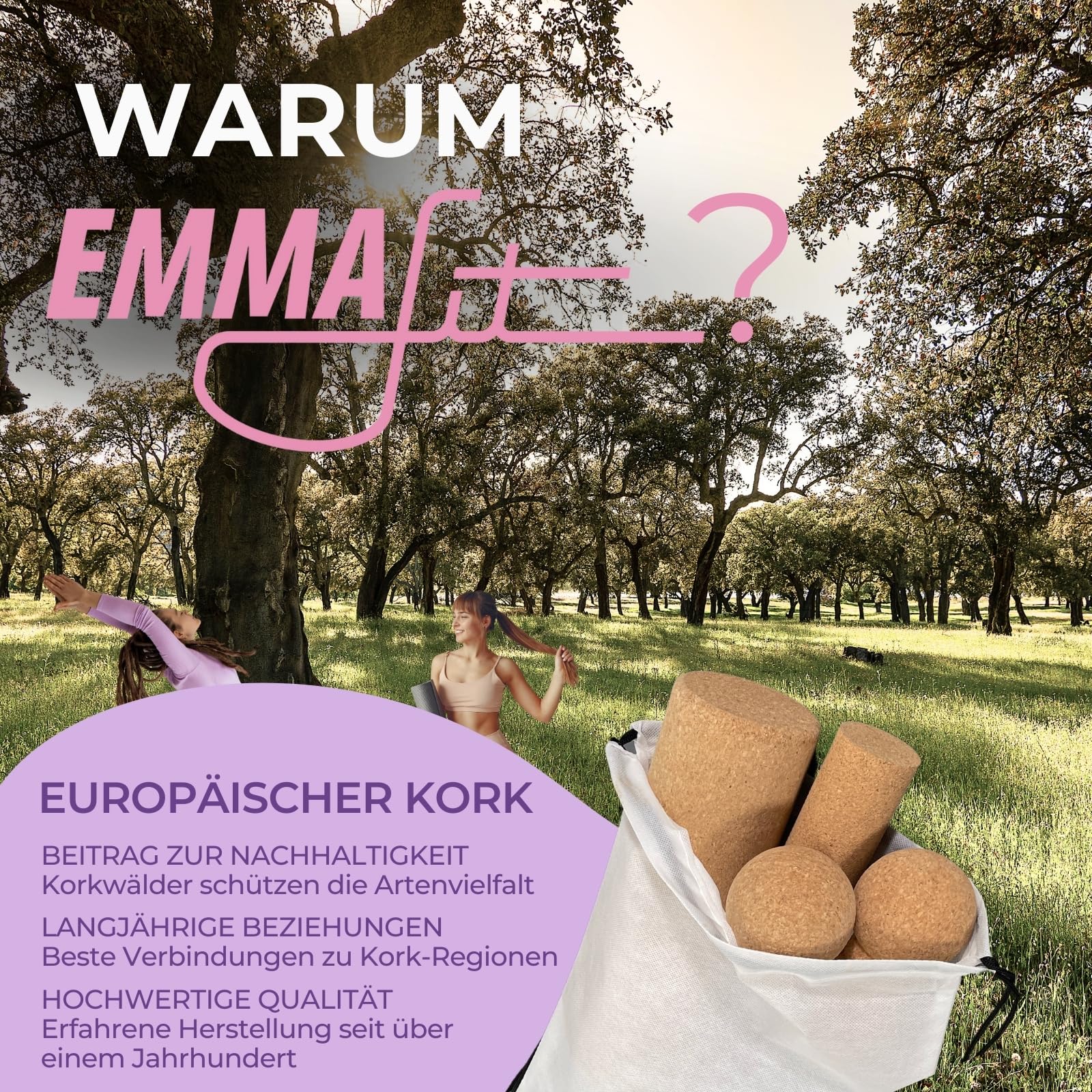 EMMAfit Kork Faszienset I Set aus 2x Faszienrolle + 1x Faszienball + 1x Twin-Ball I Set für Triggerpunkt-Massage & Faszientraining I hygienisch & umweltfreundlich I Selbstmassage-Set aus Kork