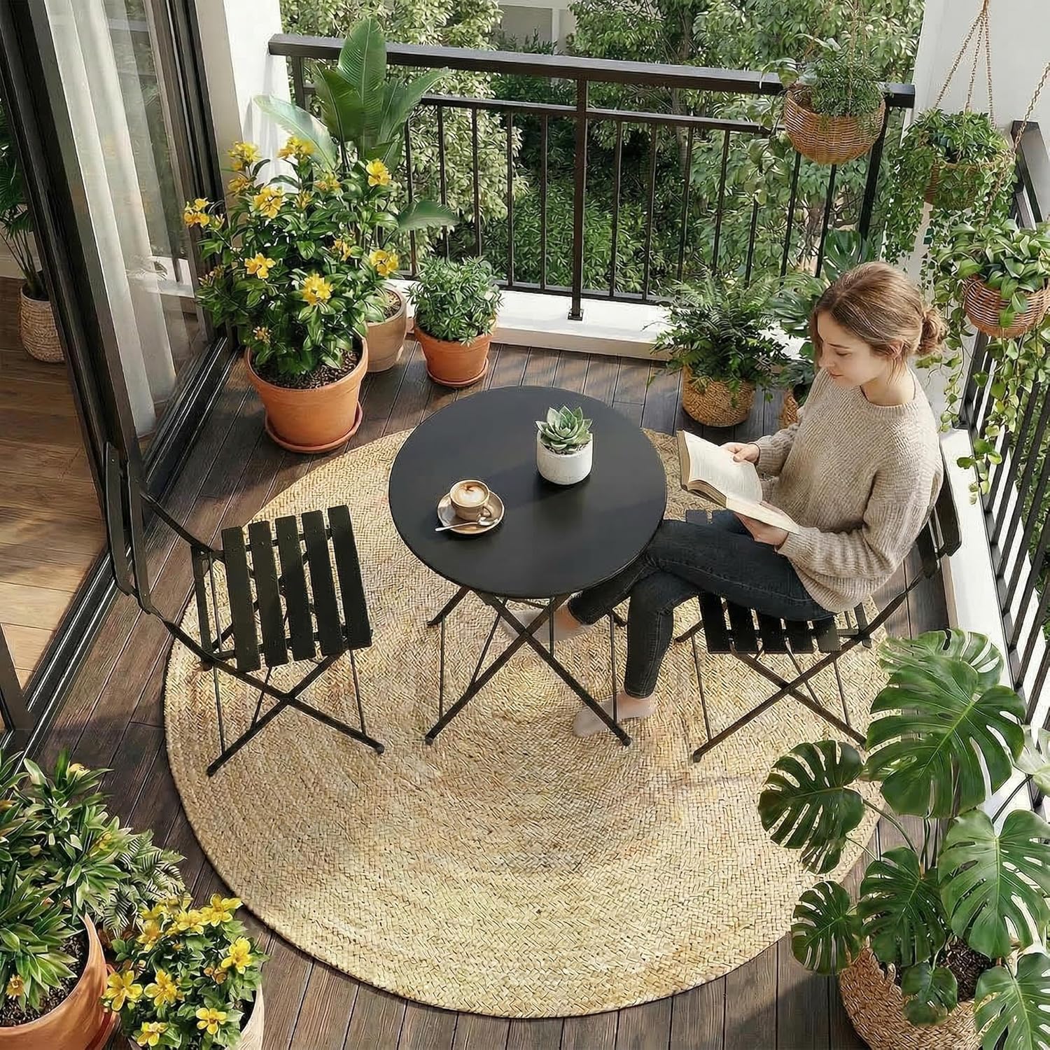 Garvee 3-Piece Patio Bistro Set – Metal Frame Folding Patio Furniture, Outdoor/Indoor Bistro Table and Chairs Set, No Assembly Needed, for Balcony, Yard, Garden (Black)