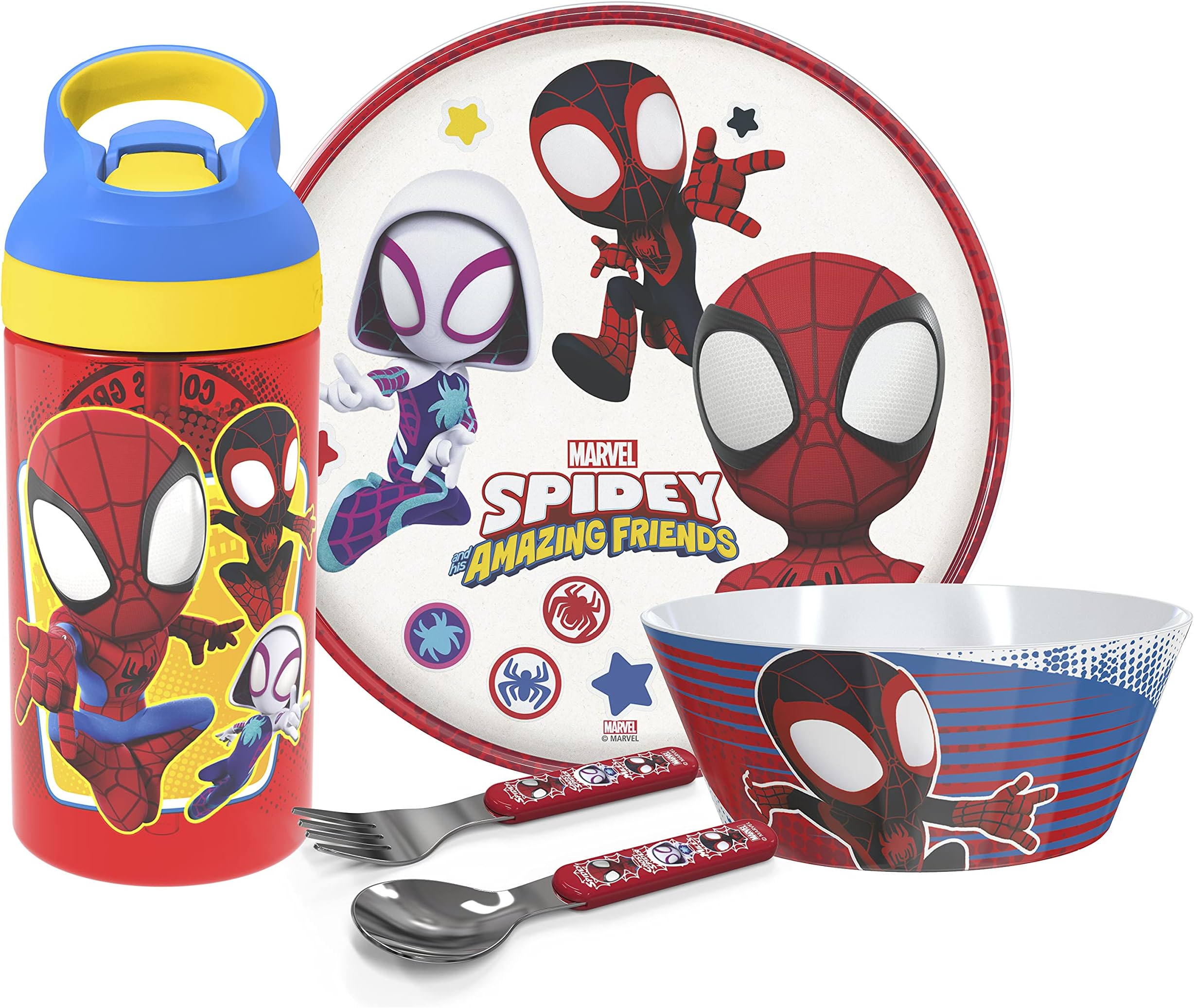 Zak Designs Marvel Spider-Man 5 Piece Set Includes Plate, Bowl, Water Bottle and Utensil Tableware, Spiderman Spidey and His Amazing Friends Dinnerware Drinkware 5pc