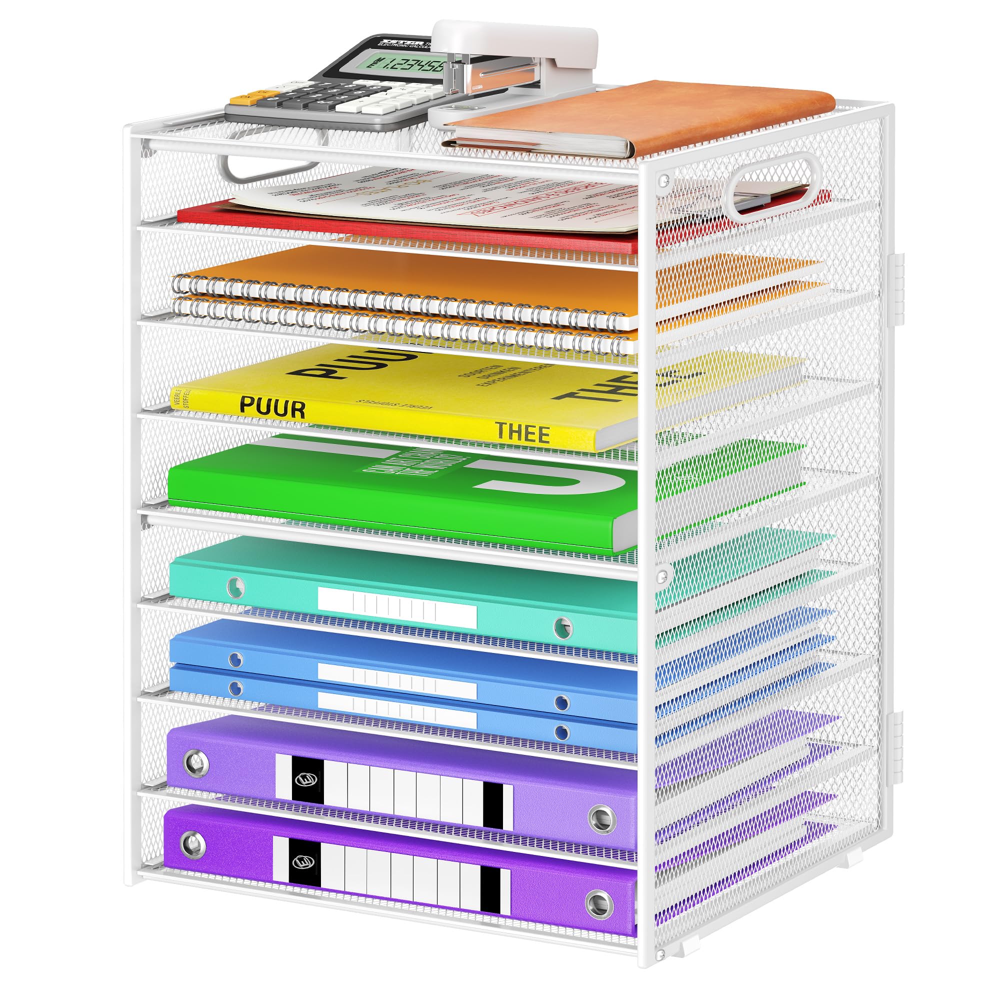 Cawukege 9 Tier Paper Organizer with Handle, Large Capacity Desk Organizer Mesh File Folder Letter Paper Tray Desktop Document Sorter for Classroom, School, and Office Accessories Organization- White