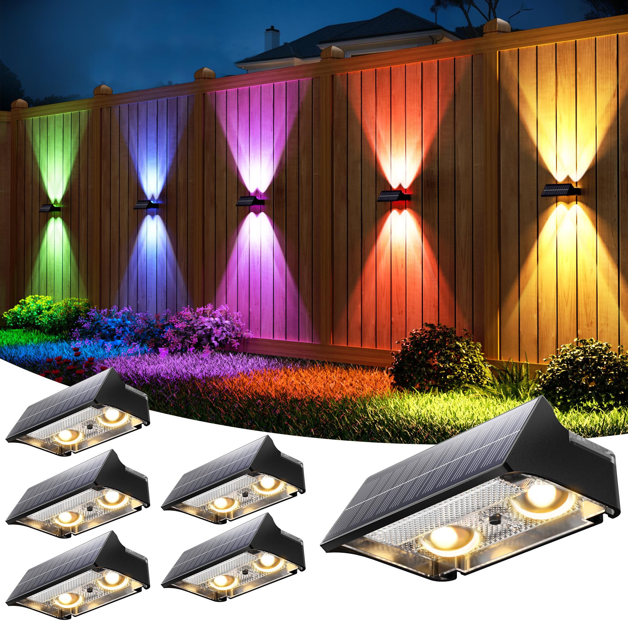 VOLISUN 6 Stück Solar Zaunleuchten für den Außenbereich, 9 Farbmodi und RGB Solar Gartenleuchten, wasserdicht IP65, helle Zaun-Solarleuchten für Garten, Hinterhof, Zaun, Deck (Schwarz)