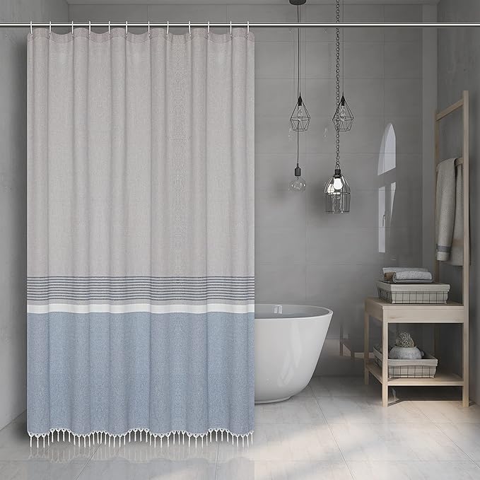 MORNEEX Cotton Shower Curtain with 12 Hooks Set Fringe Lace