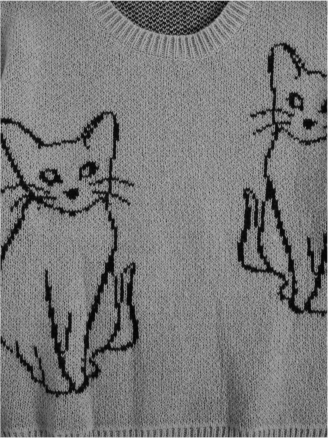 WDIRARA Women's Cartoon Cat Bishop Long Sleeve Round Neck Sweater Drop Shoulder Pullover Tops - Image 3