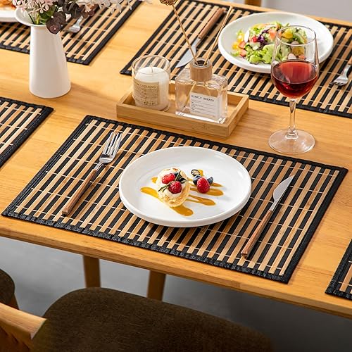 Miniatura 8 de LOVECASA Juego de 6 manteles individuales de bambú con patrón de hojas, manteles individuales tejidos de 18 x 12 pulgadas, manteles individuales