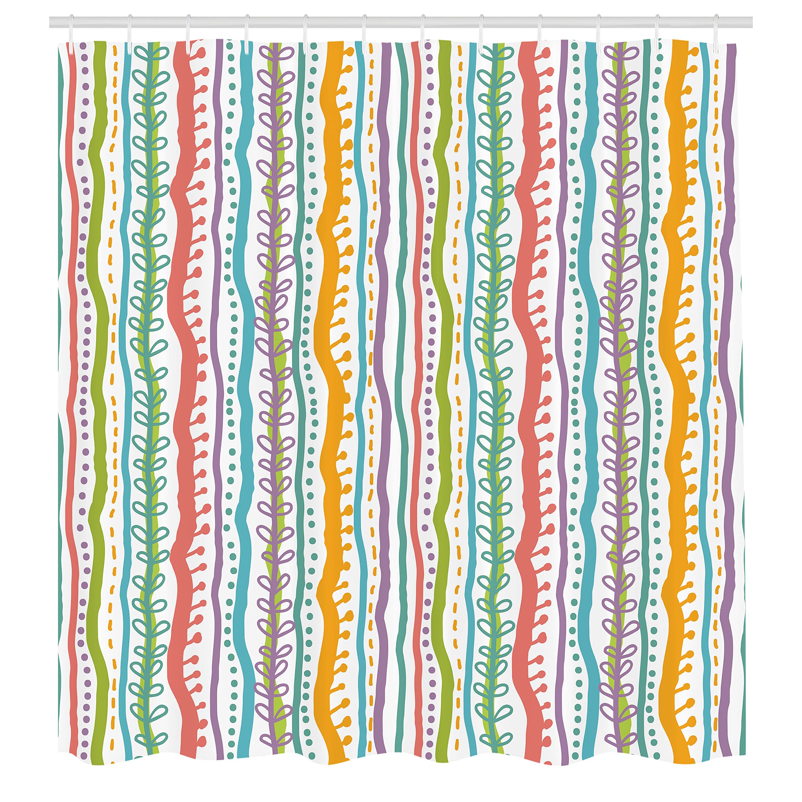 Ambesonne Striped Shower Curtain, Vertical Abstract Featured Swirl Lines Curved Sketchy Bands and Dots Display, Cloth Fabric Bathroom Decor Set with Hooks, 69