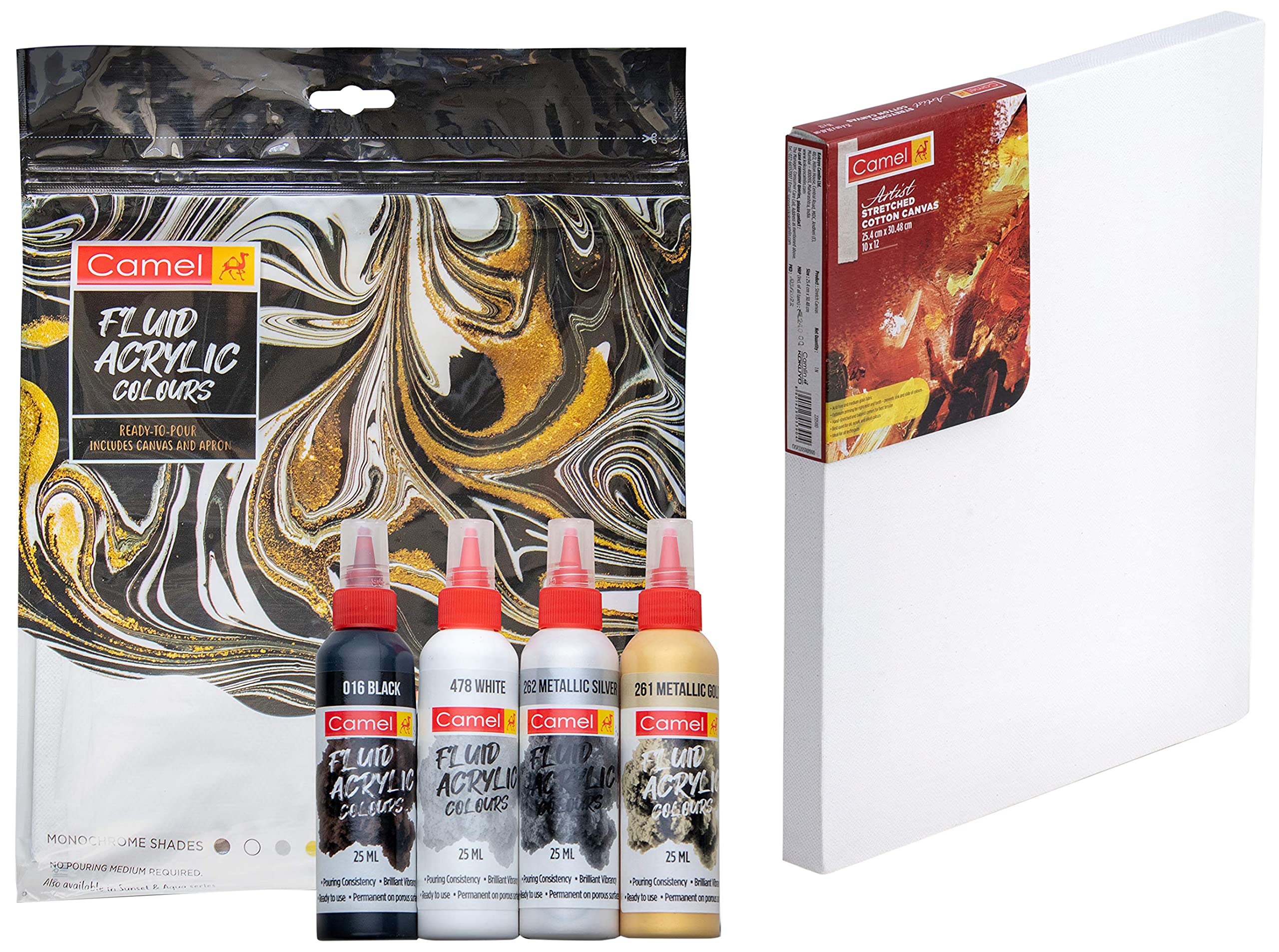 Camel Fluid Acrylic Kit - Monochrome Series Stretched Canvas - 25cm x 30cm