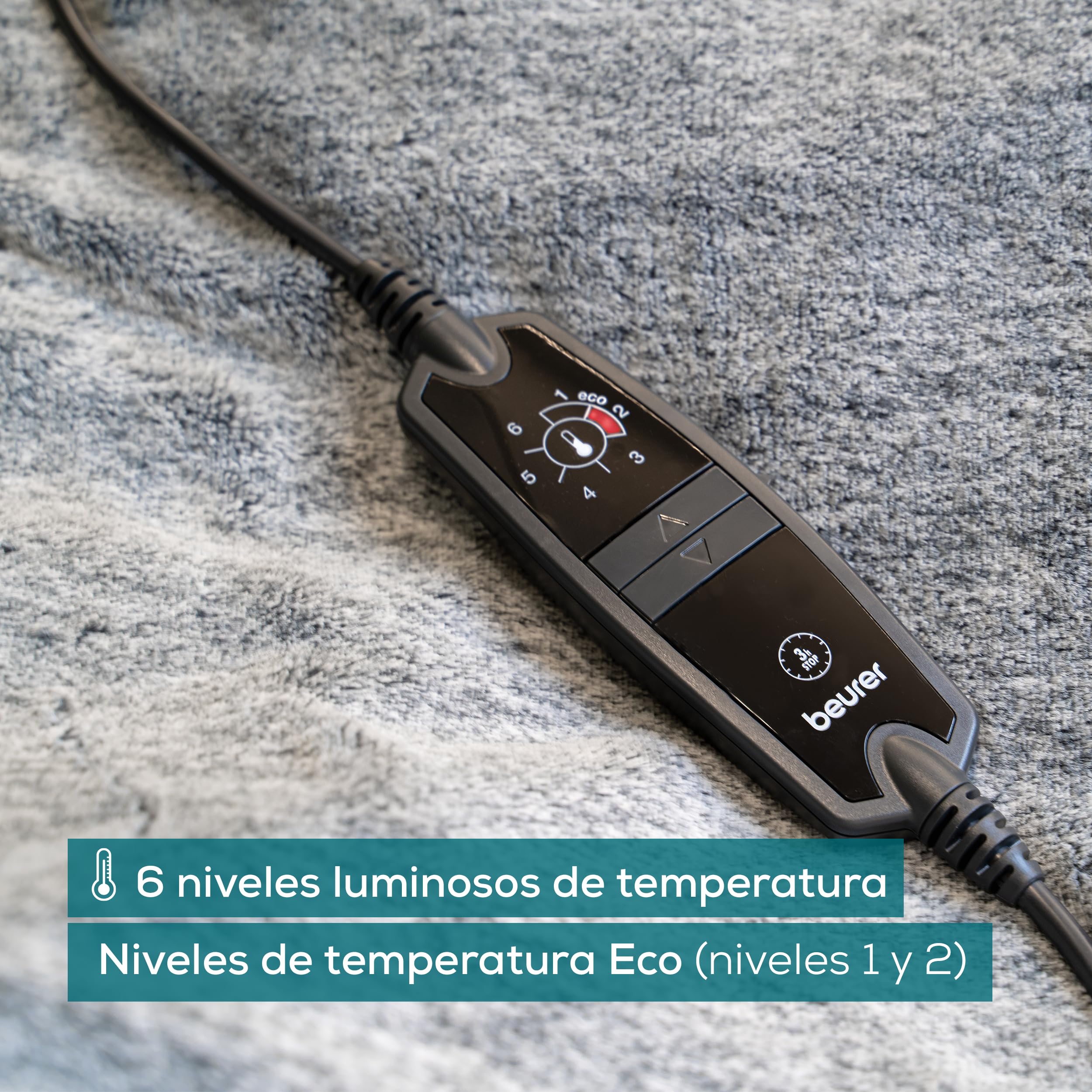 Beurer HD 75 Nordic Grey Manta eléctrica, Parte Superior/Inferior de Material Reciclado, Suave y acogedora, 6 ajustes de Temperatura, Lavable a máquina, 180 x 130 cm