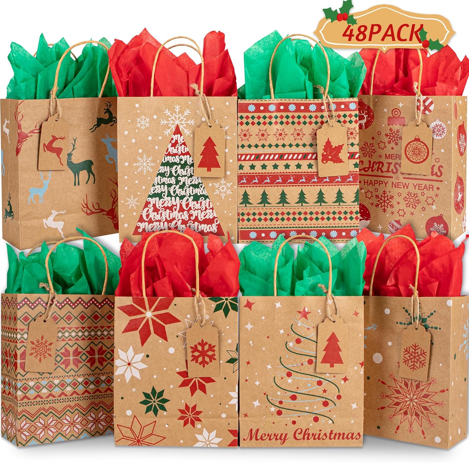 Kiddokids 48 Christmas Gift Bags 7" x 8.65" x 3.15", Kraft Holiday Wrapping with Tissue Papers, 48 Gift Tags for Xmas Exchange, Party Favors Goodie Bags, Christmas Gift Box Packaging, Decor