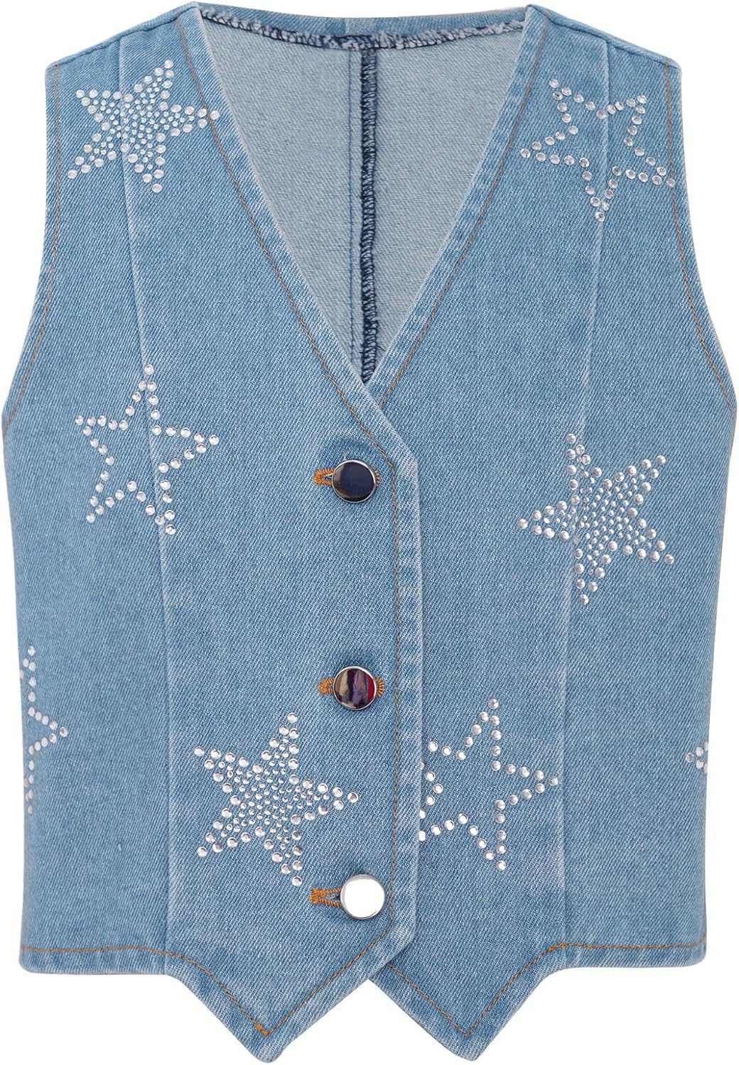 Kids Girls Rhinestone Stars Denim Jacket Vest V Neck Button Sleeveless Asymmetrical Jeans Waistcoat Outerwear