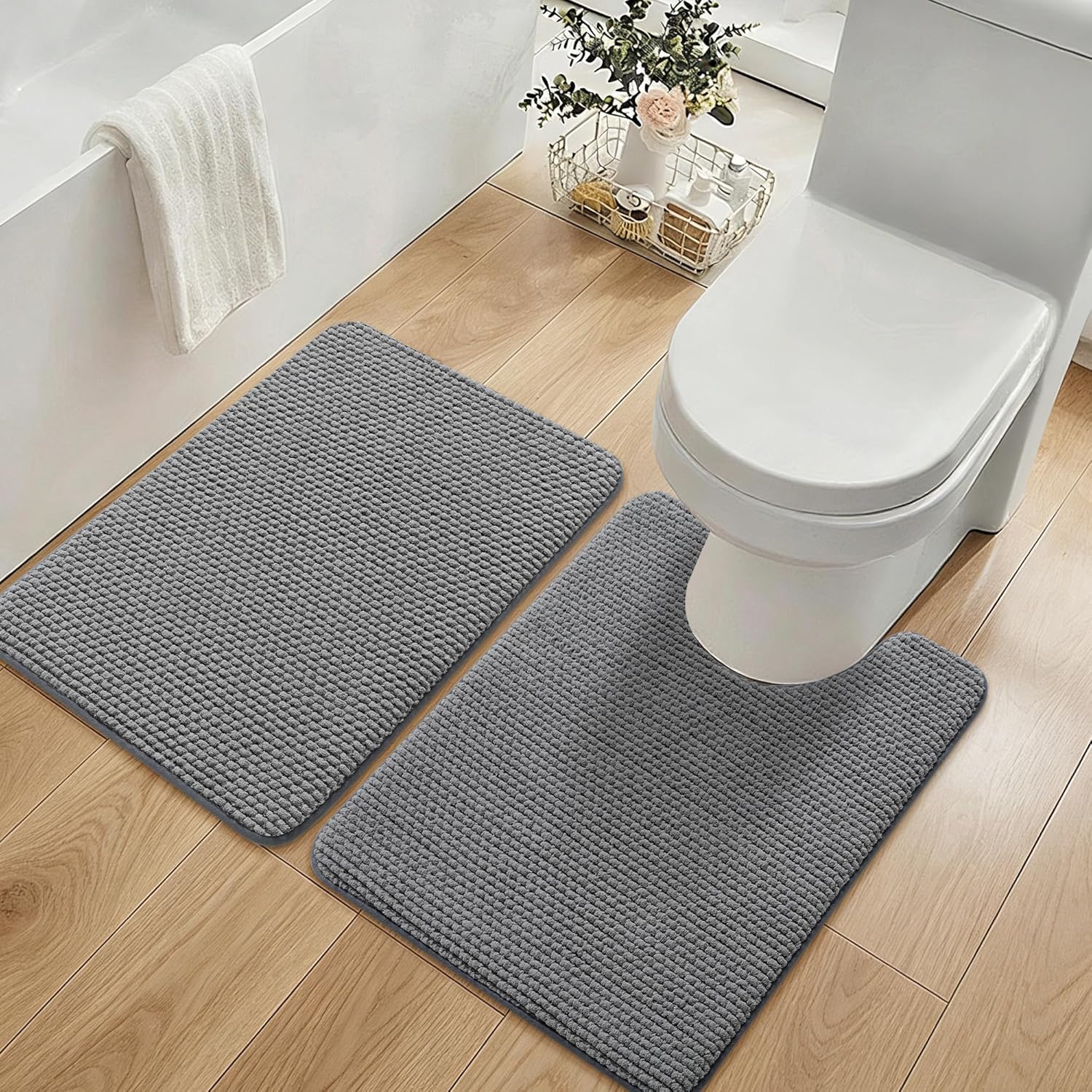 YIHOUSE Bathroom Rugs Set 2 Piece, Extra Soft Absorbent Chenille Bath Mat & U-Shaped Contour Toilet Rug, Non Slip Machine Washable Bath Mat for Shower Tub Sink, Dark Grey