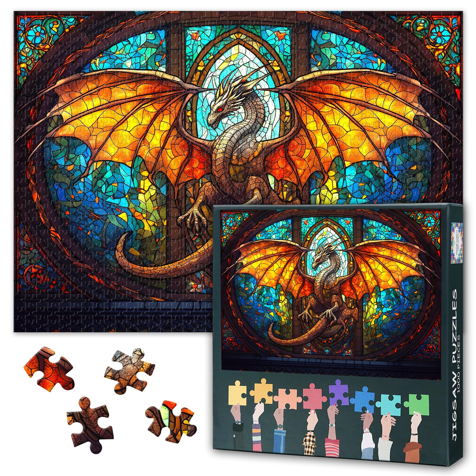 1000 Pieces Jigsaw Puzzle for Adults - Dragon Fresco Majestic Mythical Artwork, 50 x 70cm Impossible Parlour Games,Stained Glass Puzzle, Educational Puzzles