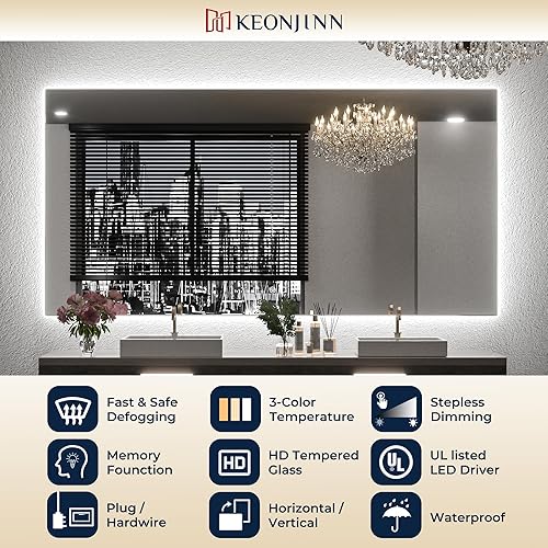 Miniatura 6 de Keonjinn - Espejo de 24x32 pulg retroiluminado LED para bañotocador, luz de 3 colores ajustables blancacálidanatural, lúmenes altos, montaje en