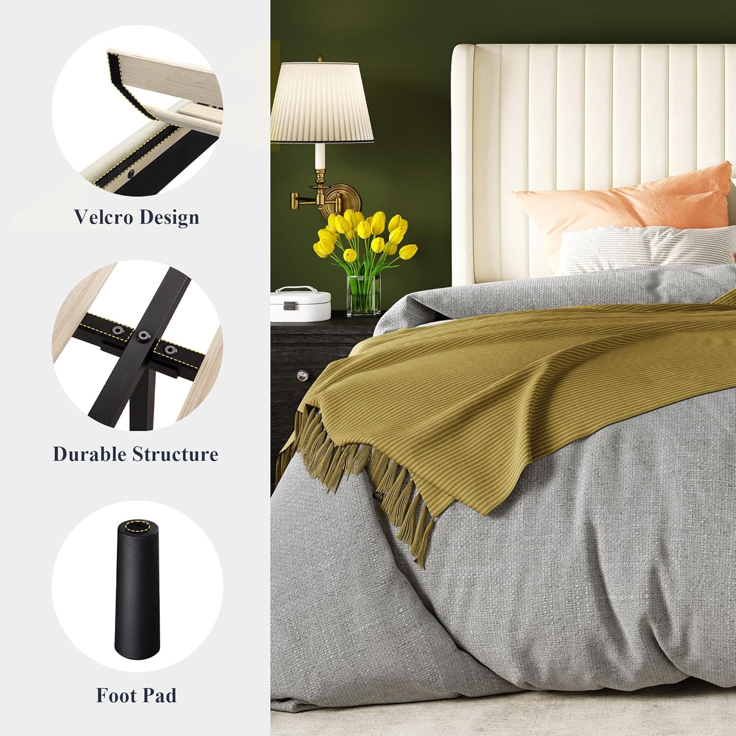 Allewie Full Size Velvet Bed Frame/Vertical Channel Tufted Wingback Headboard/Upholstered Platform Bed/Strong Wooden Slats/No Box Spring Needed/Easy Assembly/Cream White