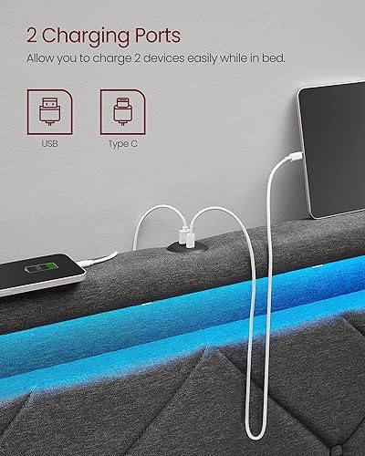 Miniatura 5 de VASAGLE Base de cama LED tamaño Queen, cama Queen con cabecera y 4 cajones, 1 puerto USB y 1 puerto tipo C, cabecera tapizada ajustable de 36.739.3