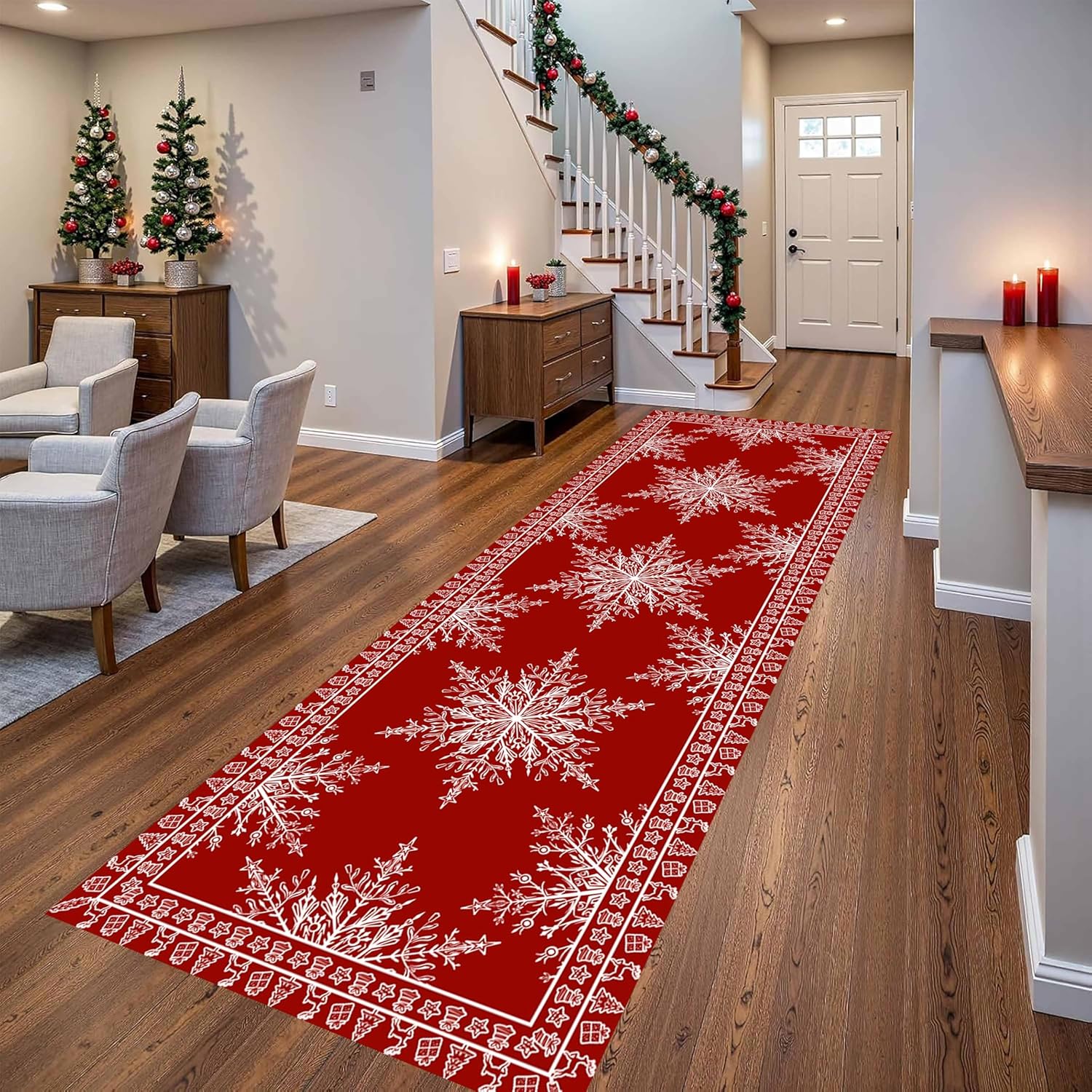 Snowflake Christmas Runner Rug, 2x6ft, Xmas Decor Winter Snowflakes Jingle Bells Stars Boho Print Border Indoor Carpet, Lightweight Sturdy Red Rugs for Kitchen Living Room