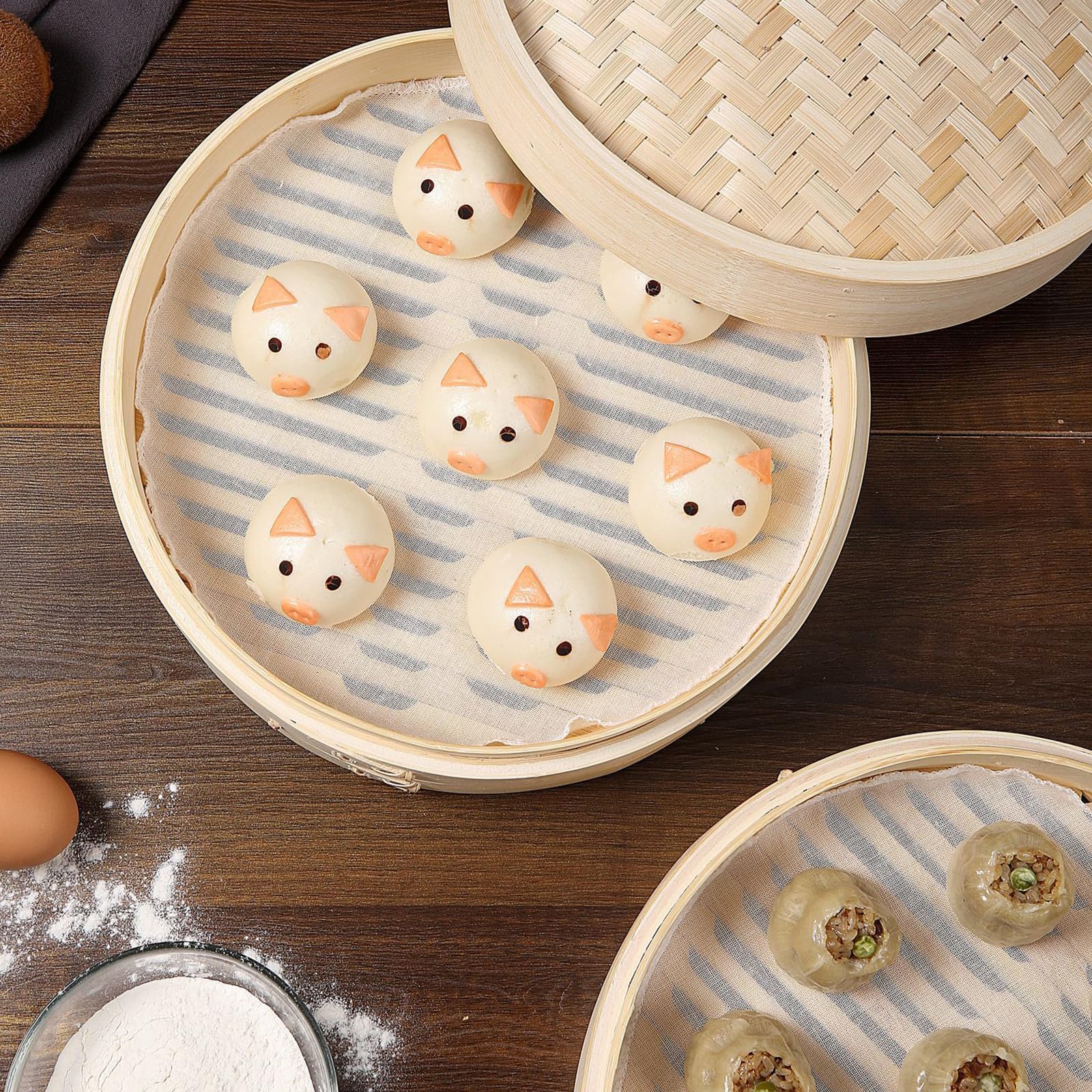 Bambusowa 2-poziomowa kuchenka do parowania: Bambusowa parowar o średnicy 21 cm z pokrywką i 5 matami nieprzywierającymi, do ryżu, dim sum, warzyw, ryb i mięsnych ravioli