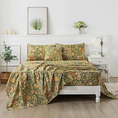 Miniatura 3 de FADFAY Juego de sábanas Paisley tamaño King, ropa de cama bohemio damascado Paisley lujosa, juego de sábanas Paisley boho verde, sábana de algodón