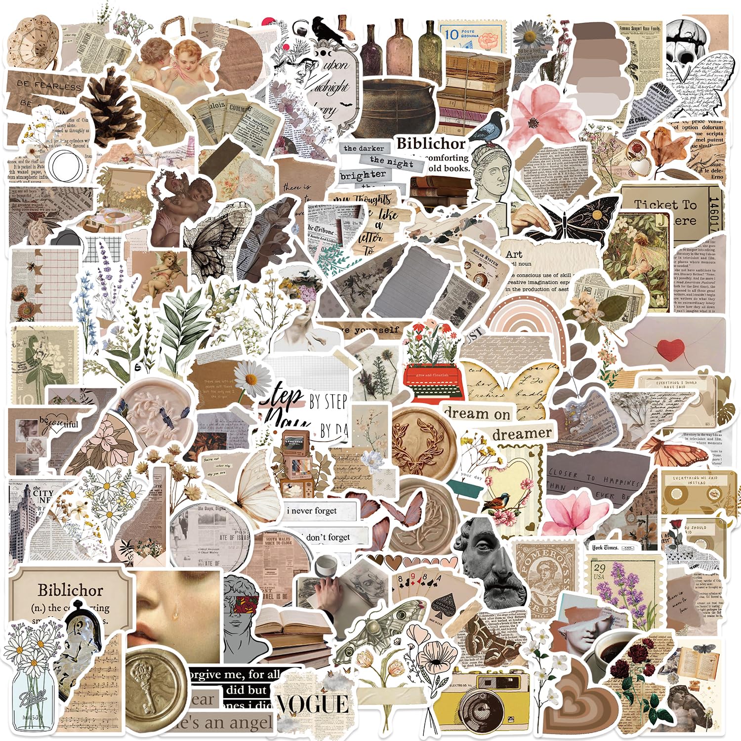 170 Pcs Vintage Aesthetic Scrapbook Stickers | Waterproof Vinyl Stickers for Journals, Planners & Water Bottles | Scrapbooking Supplies for DIY Crafts