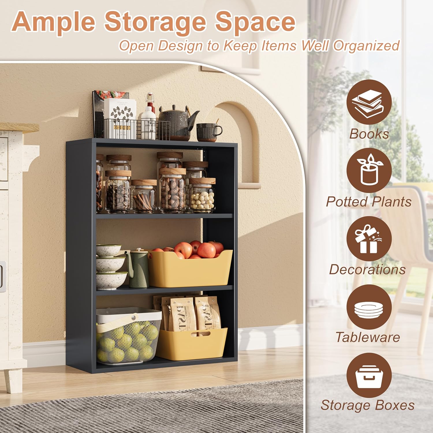 3 Tier Metal Bookshelf, 35.4" Short Bookcase with Storage Shelves, Modern Black Bookshelf for Living Room, Home Office