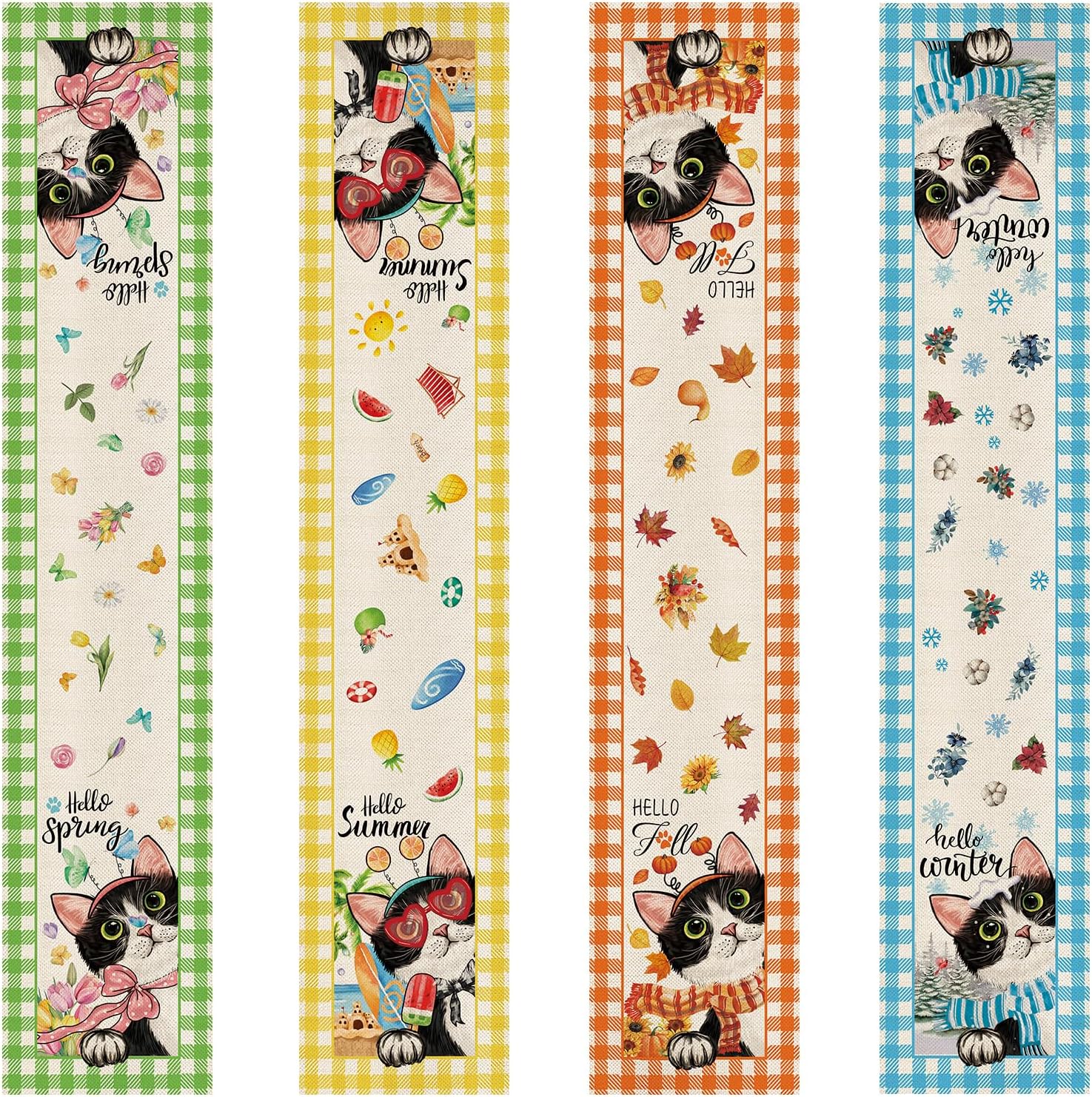4 Pcs Black Cat Seasonal Table Runners 72 Inches Long, Cat Fall Decorations for Home, Winter Burlap Table Runners, Spring Summer Cute Kitten Table Decor for Farmhouse Garden Party Supplies