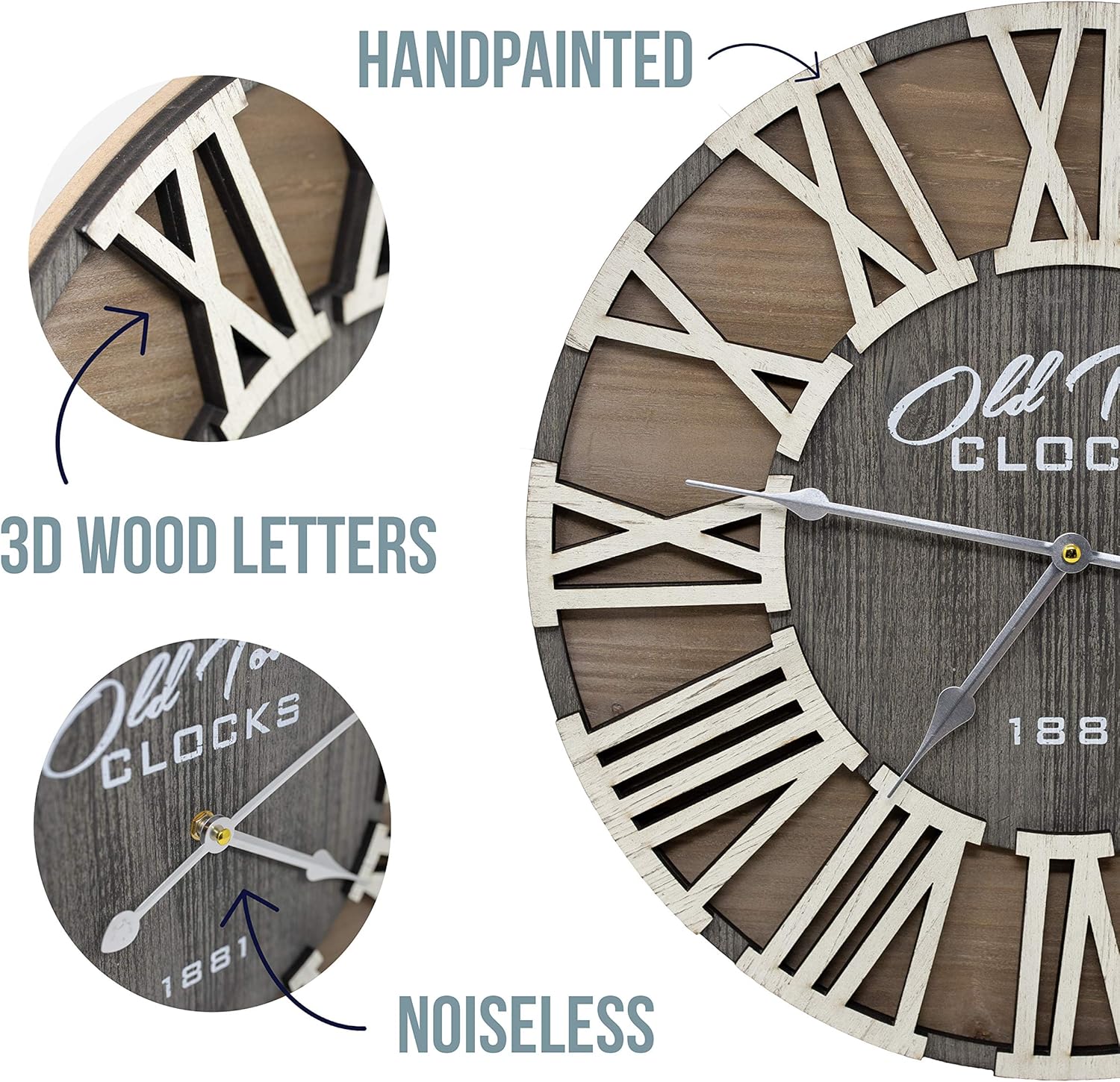 30" Rustic Farmhouse Roman Wooden Wall Clock Silver Hands (Whitewood Lettering, 30 inch)