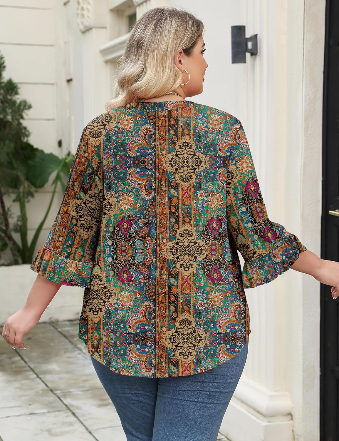 TFSDOD Plus Size Tops for Women V Neck 3/4 Sleeve Pleated Blouses Dressy Casual Fashion Tunic Top (1X-5X) - Image 3