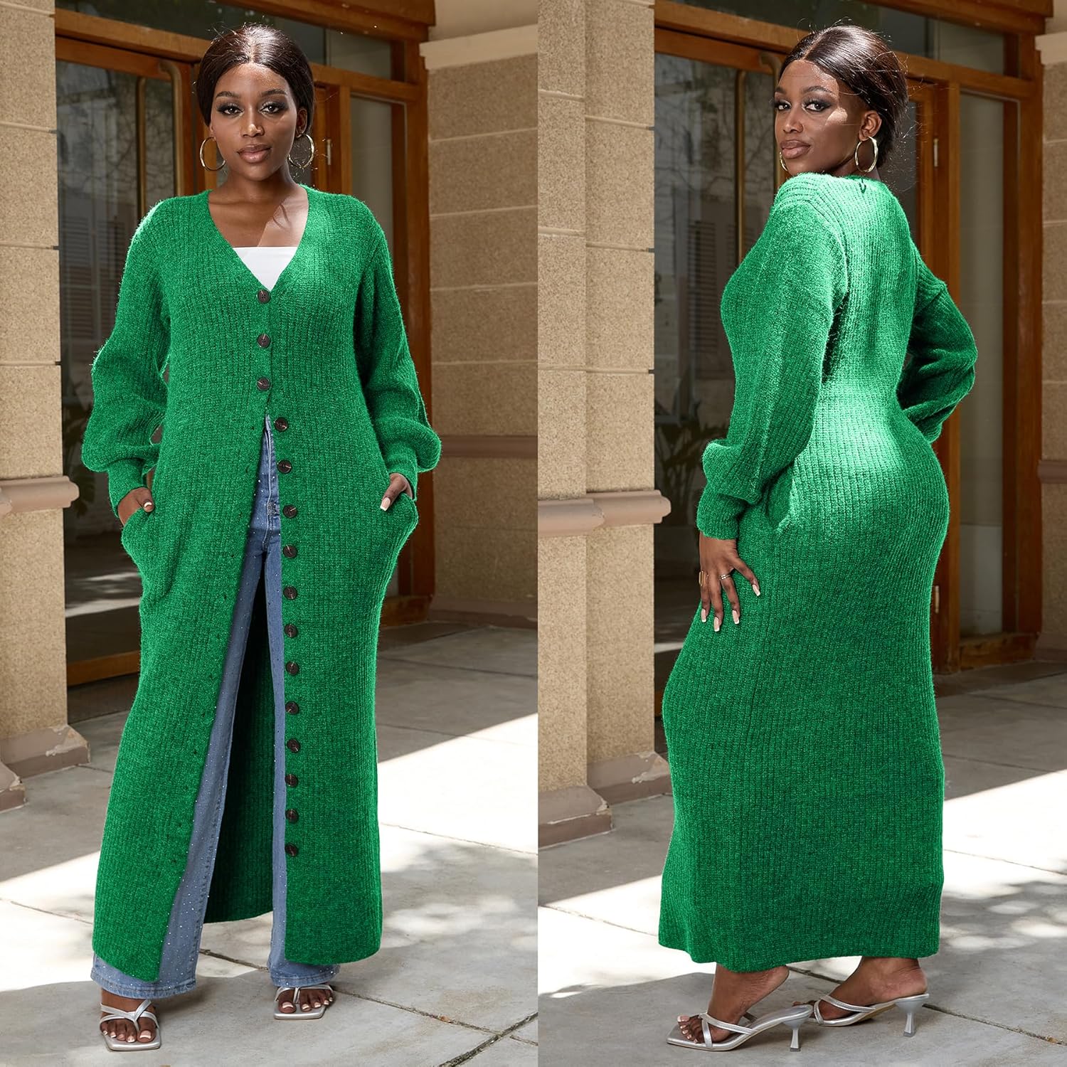 Tbahhir Womens Open Front Long Cardigan V Neck Button Down Oversized Duster Fall Trendy Chunky Knit Sweater Coat - Image 6