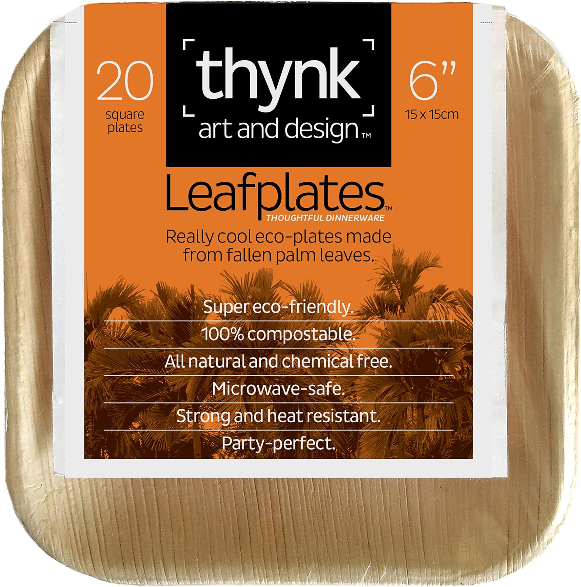 Thynk Palm Leaf Plates - 6 Inch Square - All Natural 100% Biodegradable and Compostable - Disposable Dinnerware - Perfect Party Plates - 20 Count