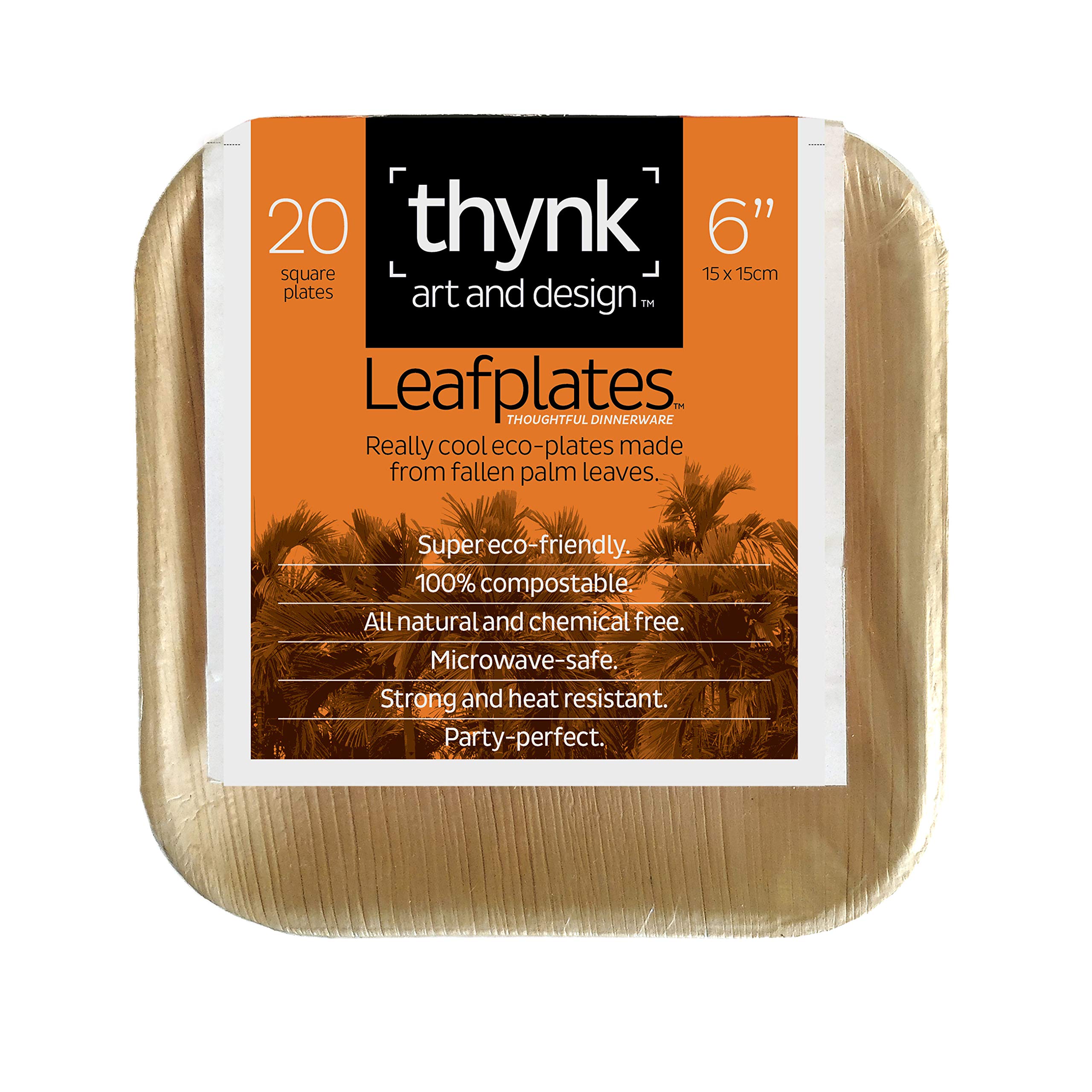 Thynk Palm Leaf Plates - 6 Inch Square - All Natural 100% Biodegradable and Compostable - Disposable Dinnerware - Perfect Party Plates - 20 Count