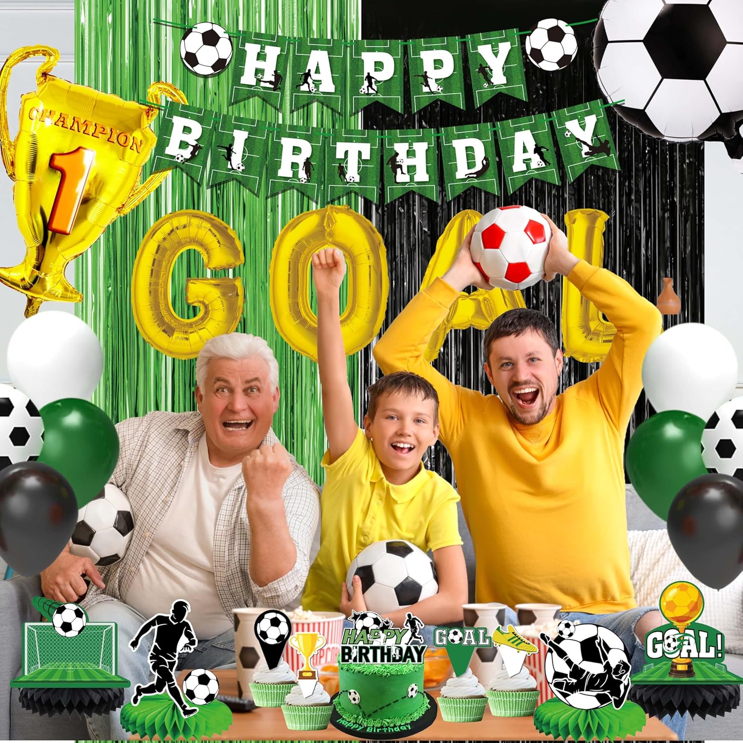 Soccer birthday Party Decorations, Soccer Birthday Party Supplies Kit, Include Sport Themed Birthday banner, Foil Fringe,Hanging Swirls, Soccer Balloons, Cake&Cupcake Toppers - Image 6