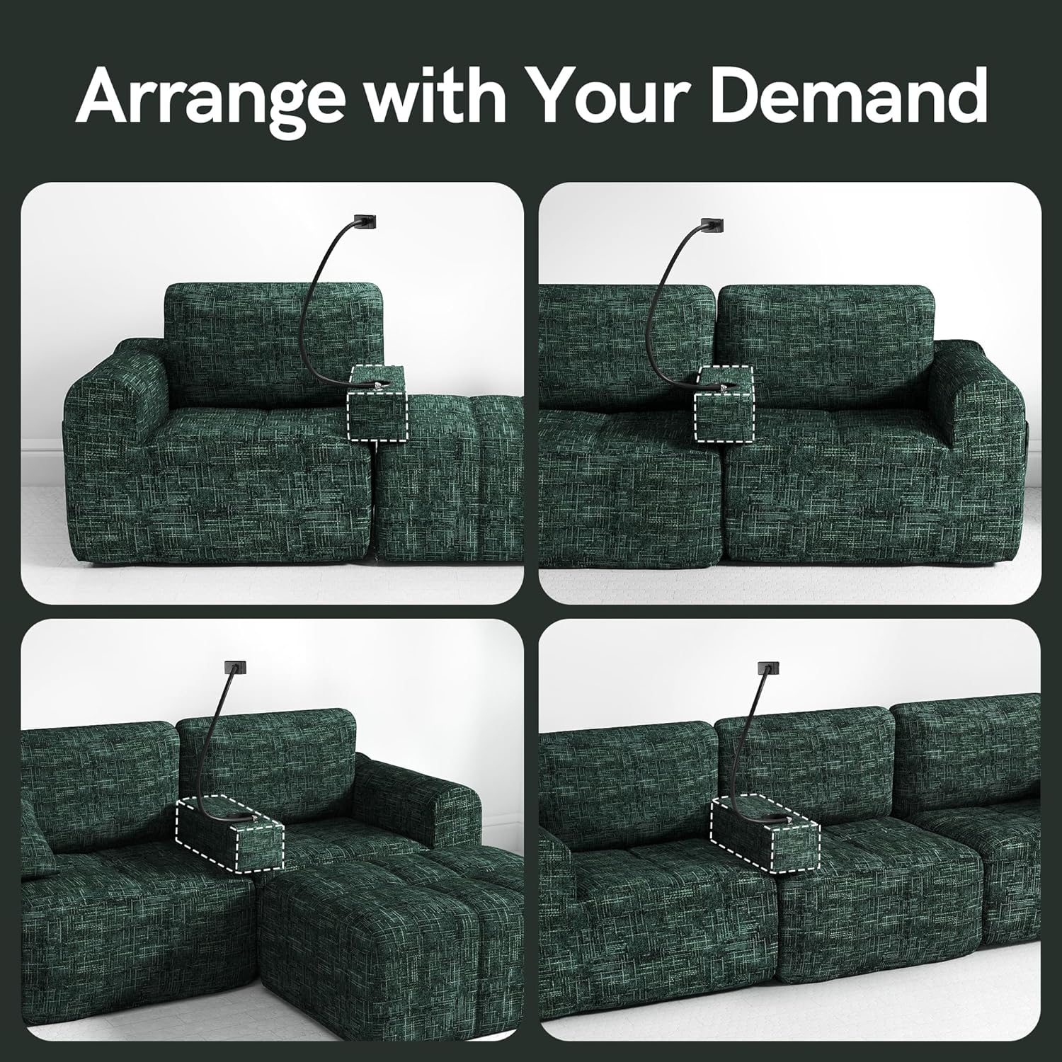 20.27'' Multifunctional Sofa Armrest, Removable Couch Armrest with Charger, Green Chenille Foam Couch Caddy Organizer with Phone Holder, Cup Holder and Storage for Modular Sectional Sofa, Loveseat