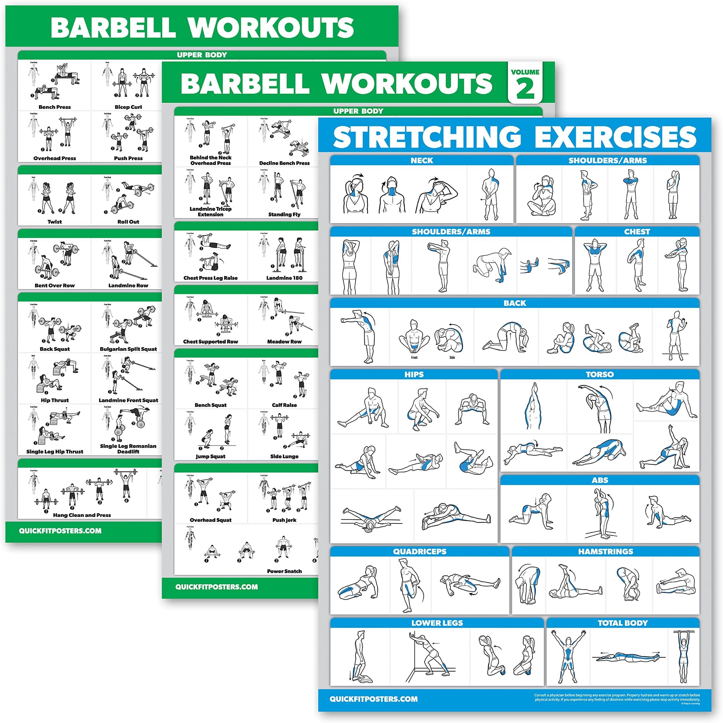 Palace Learning 3 Pack - Barbell Workout Posters Volume 1 & 2 + Stretching Exercise Chart - Set of 3 Posters