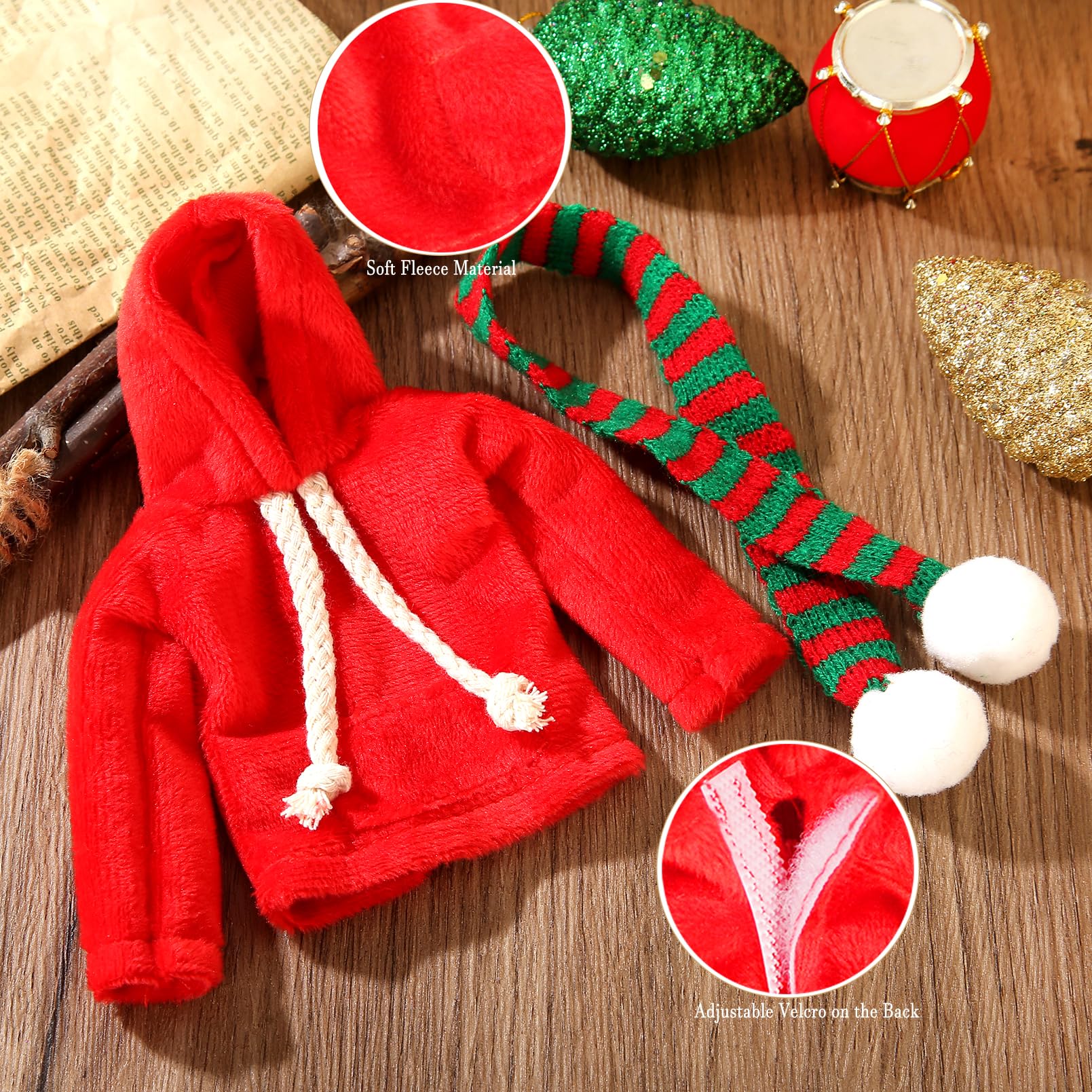 6Pcs Christmas Elf Doll Accessories Set for Boys and Girls Elf Clothes Outfit with Sweatshirt,Scarves,Wooden Swing, Novelty Fun Christmas Elf Accessory for Kids Doll Xmas Decorations