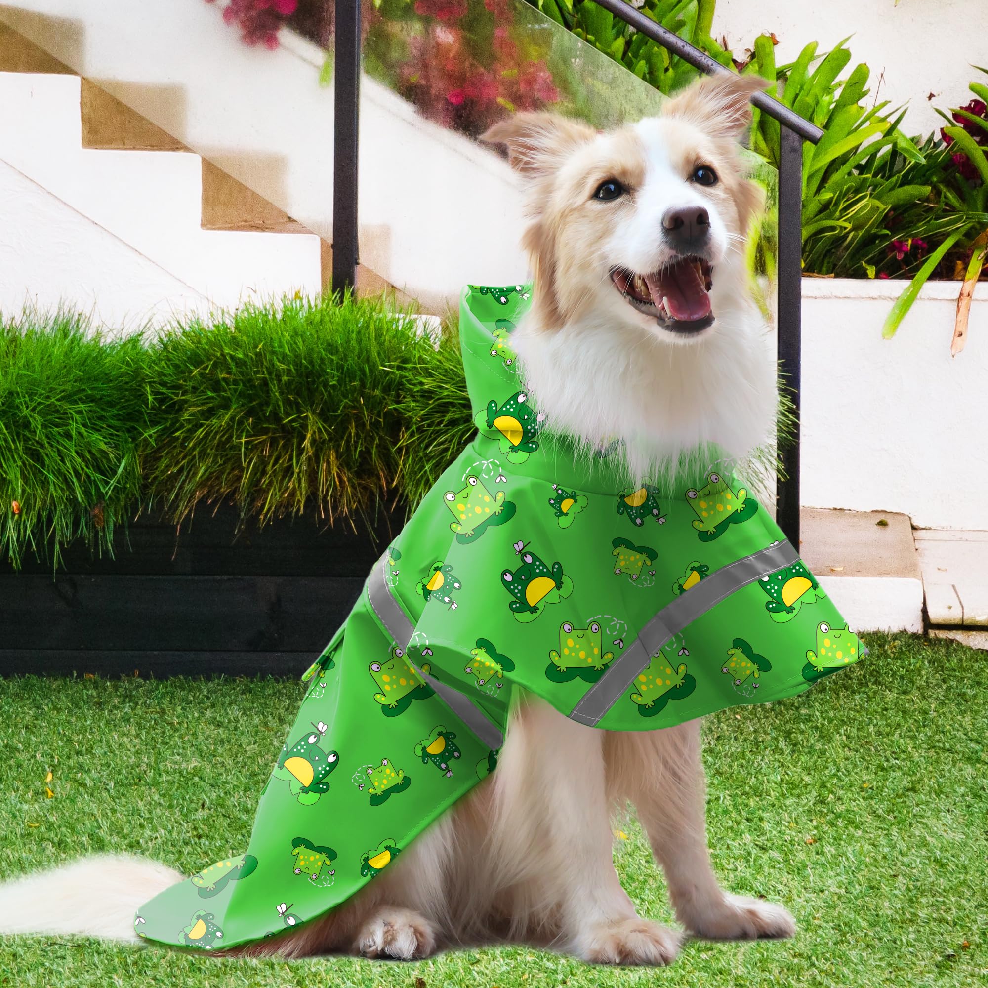 NACOCO Manteau de pluie réglable pour chien de grande taille, imperméable et léger, poncho à capuche avec bande réfléchissante (vert, taille 3XL, grenouille verte)