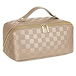 Large Capacity Travel Cosmetic Bag - Portable Makeup Bags for Women Waterproof PU Leather Checkered Makeup Organizer Bag with Dividers and Handle,Toiletry Bag for Cosmetics, Khaki