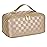 Large Capacity Travel Cosmetic Bag - Portable Makeup Bags for Women Waterproof PU Leather Checkered Makeup Organizer Bag with Dividers and Handle,Toiletry Bag for Cosmetics, Khaki