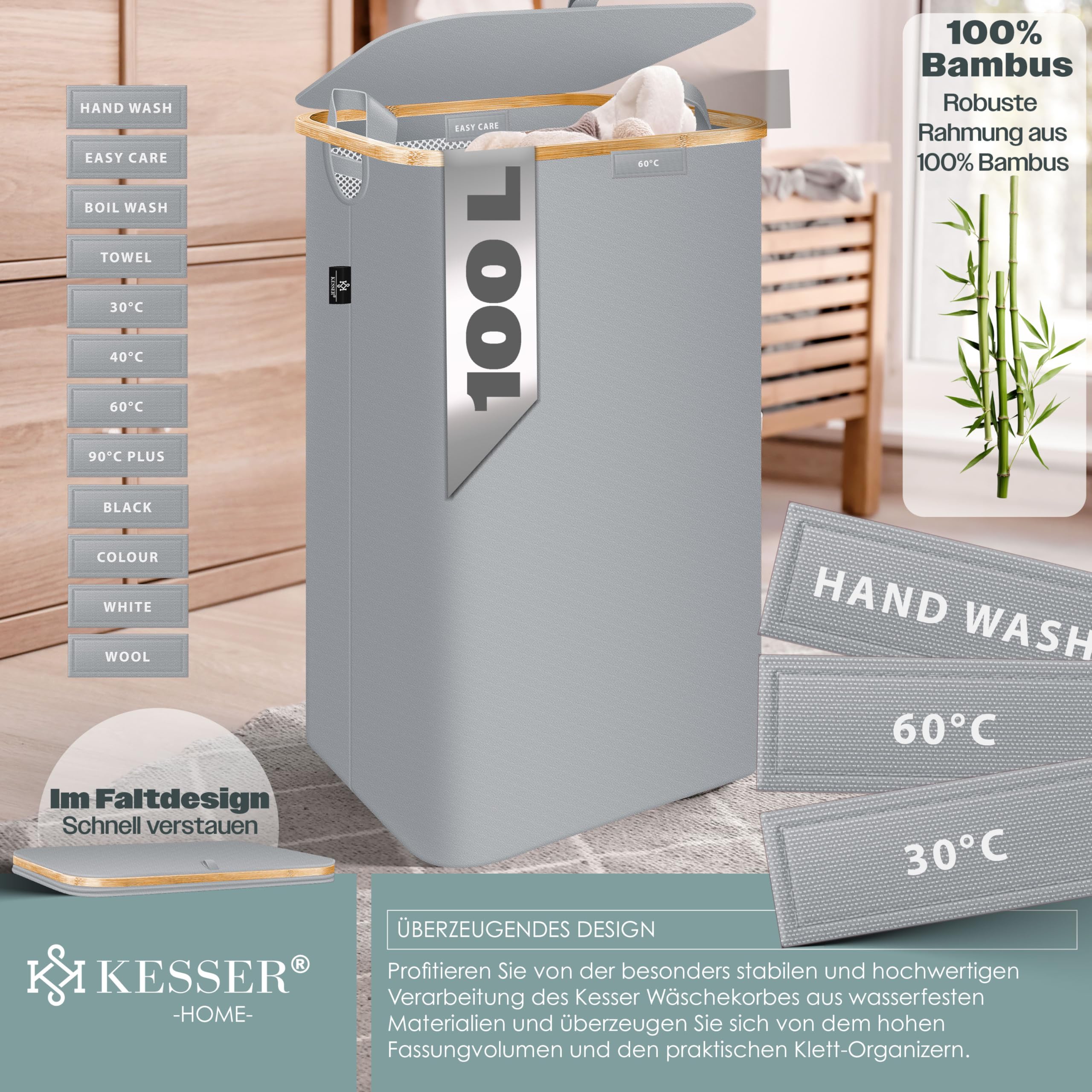 KESSER® Panier à linge avec couvercle, 2 compartiments, pliable, 140 litres, panier à linge, panier à linge avec 3 sacs à linge