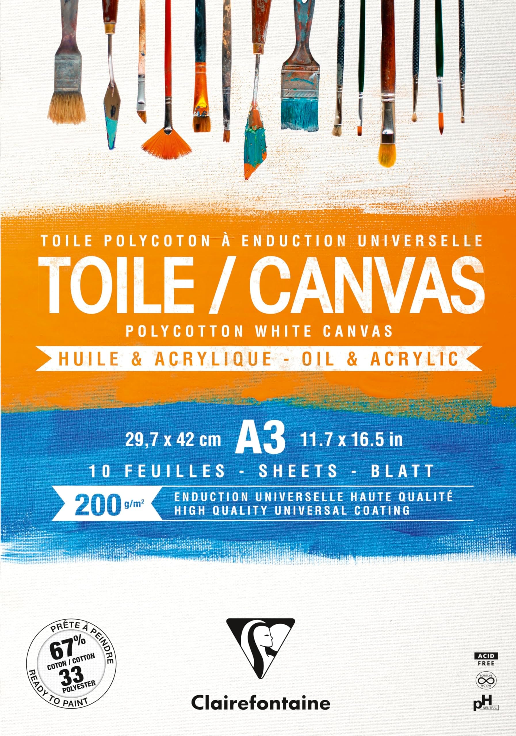 Clairefontaine - Ref 975208C - Ready to Paint Canvas Pad (10 Sheets) - A3 Sized, 200gsm Paper, Acid Free, pH Neutral - White - Suitable for Oil & Acrylic Paint