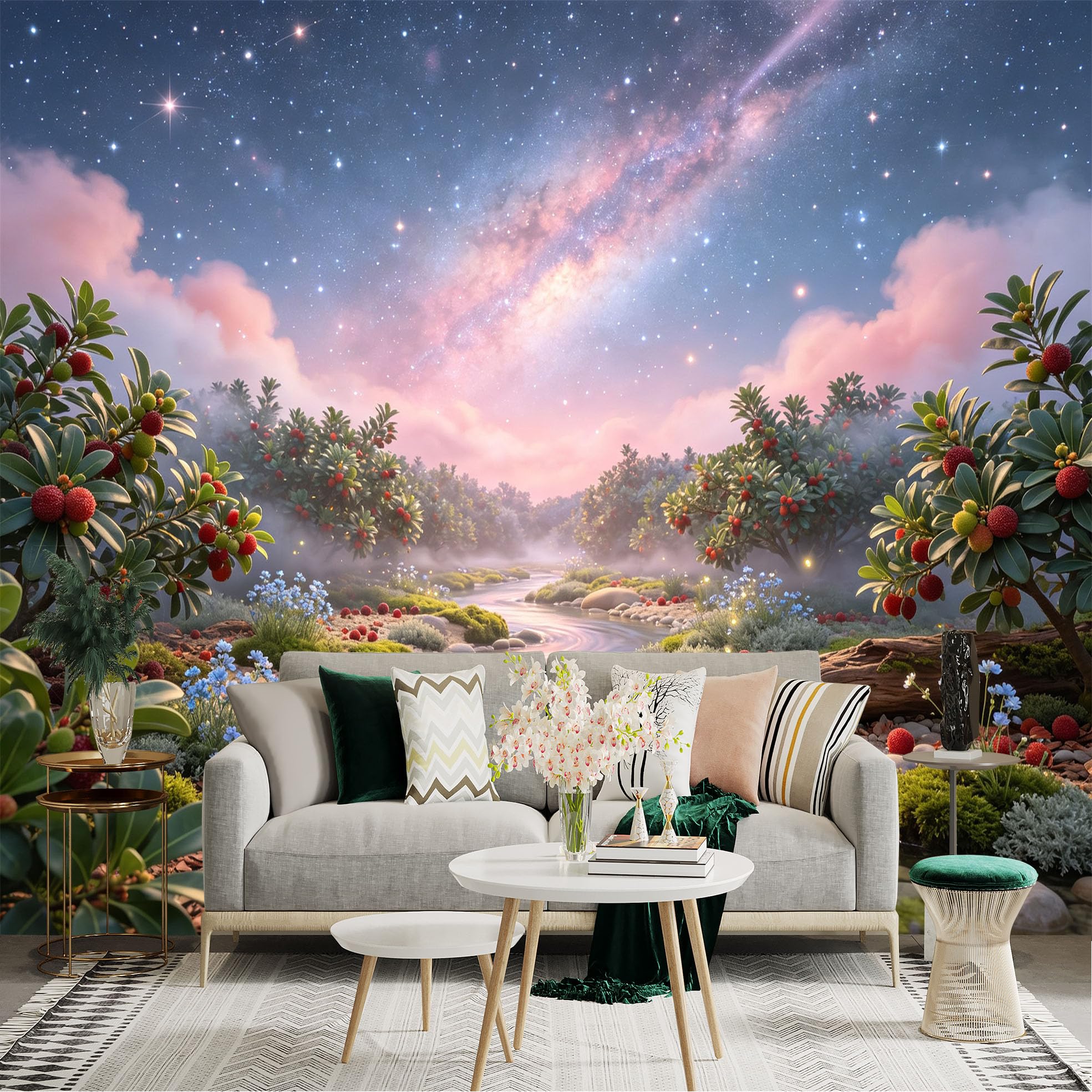 Lnzczhyre Bh260719297 Custom Size Wall Sticker Mural， Dreamy Fruit Garden， Sparkling Milky Way， Peaceful River Landscape， For Wall Decoration， Peelandstick Wall Decals.