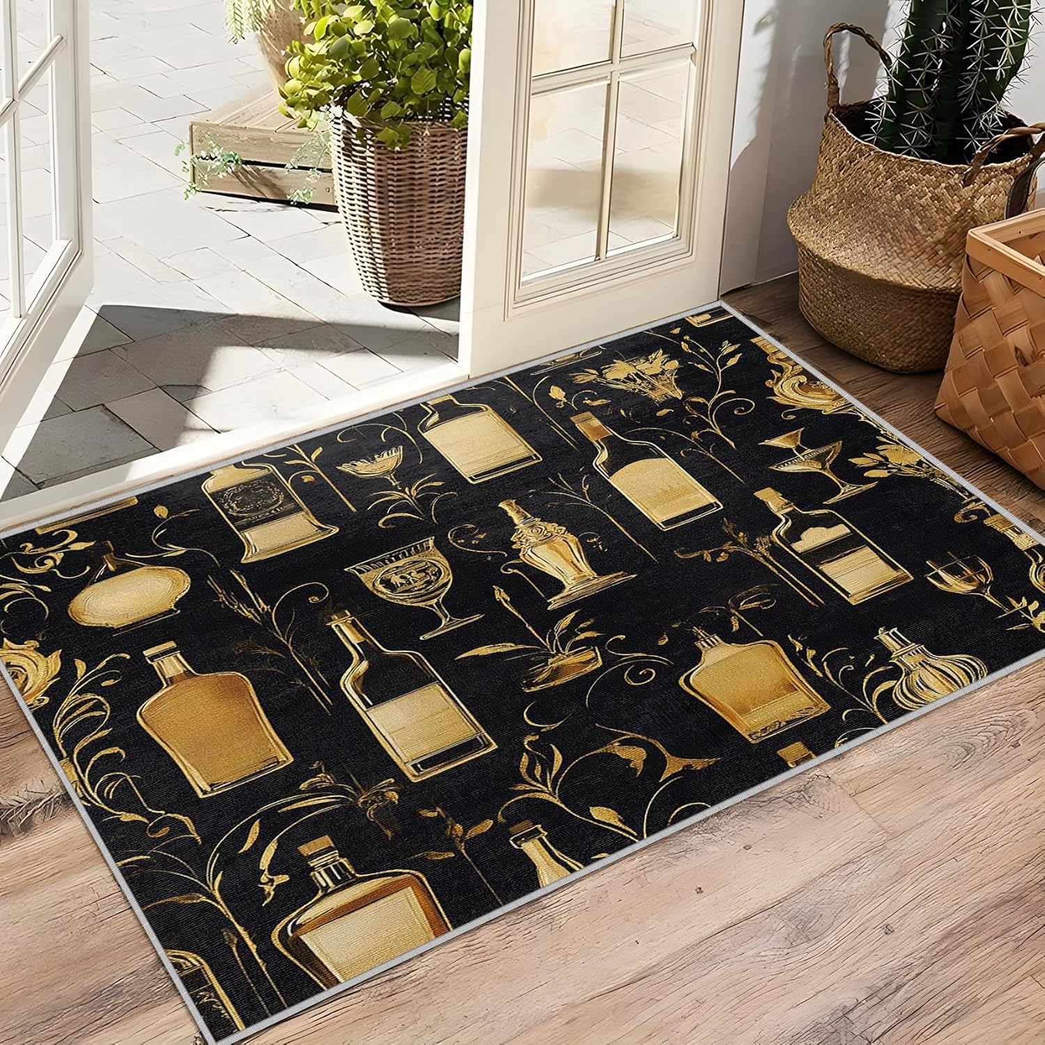 Bar Rugs for Home - Whiskey Cocktail Rug, 3x4 Rug, Vintage Wine Area Rug, Luxury Black and Gold Washable Non Slip Rugs, Cocktail Glass Carpet - Home Decor, Home Bar Gifts for Men