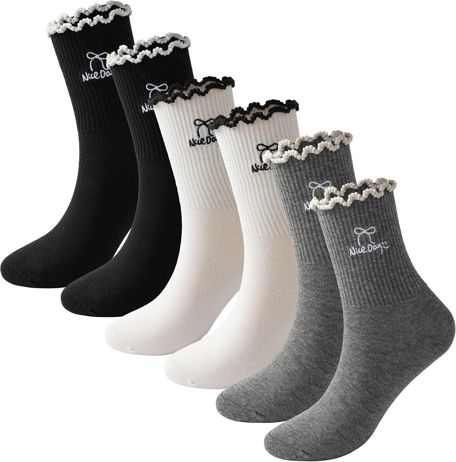 Cotton Ruffle Womens Ankle Crew Socks with Embroidery Butterfly - 3 Pairs Solid Novelty Color Socks US 4-9