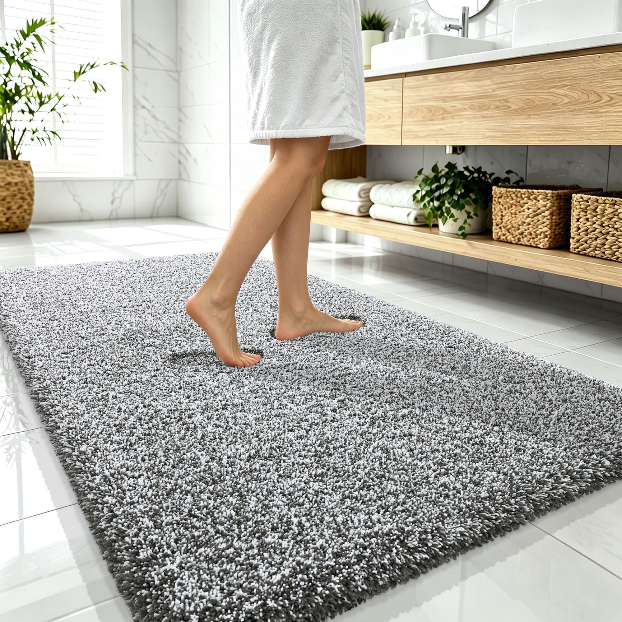OLANLY Microfiber Bathroom Rugs 59x35, Quick Dry Mat, Dark Grey and White