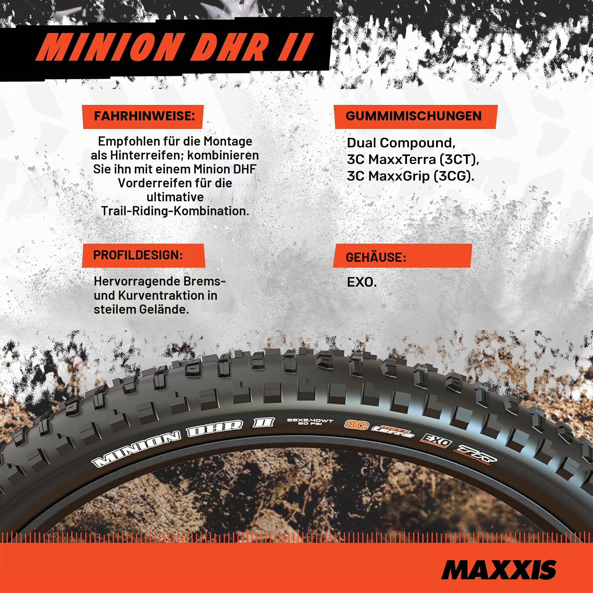 MAXXIS Minion DHR II - Dual Compound EXO - E25 Rating, Tubeless | Excellent Braking and Cornering Traction in Steep Terrain