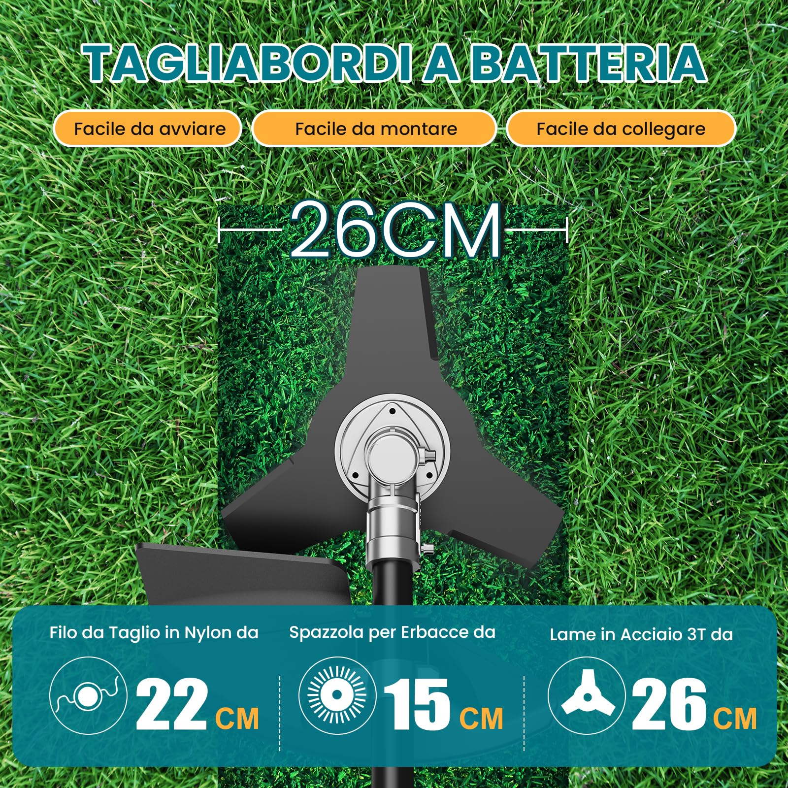 Decespugliatore a Batteria Brushless 26 cm 2x5200mAh 8000/12000 Giri/min Asta Regolabile 3 Lame