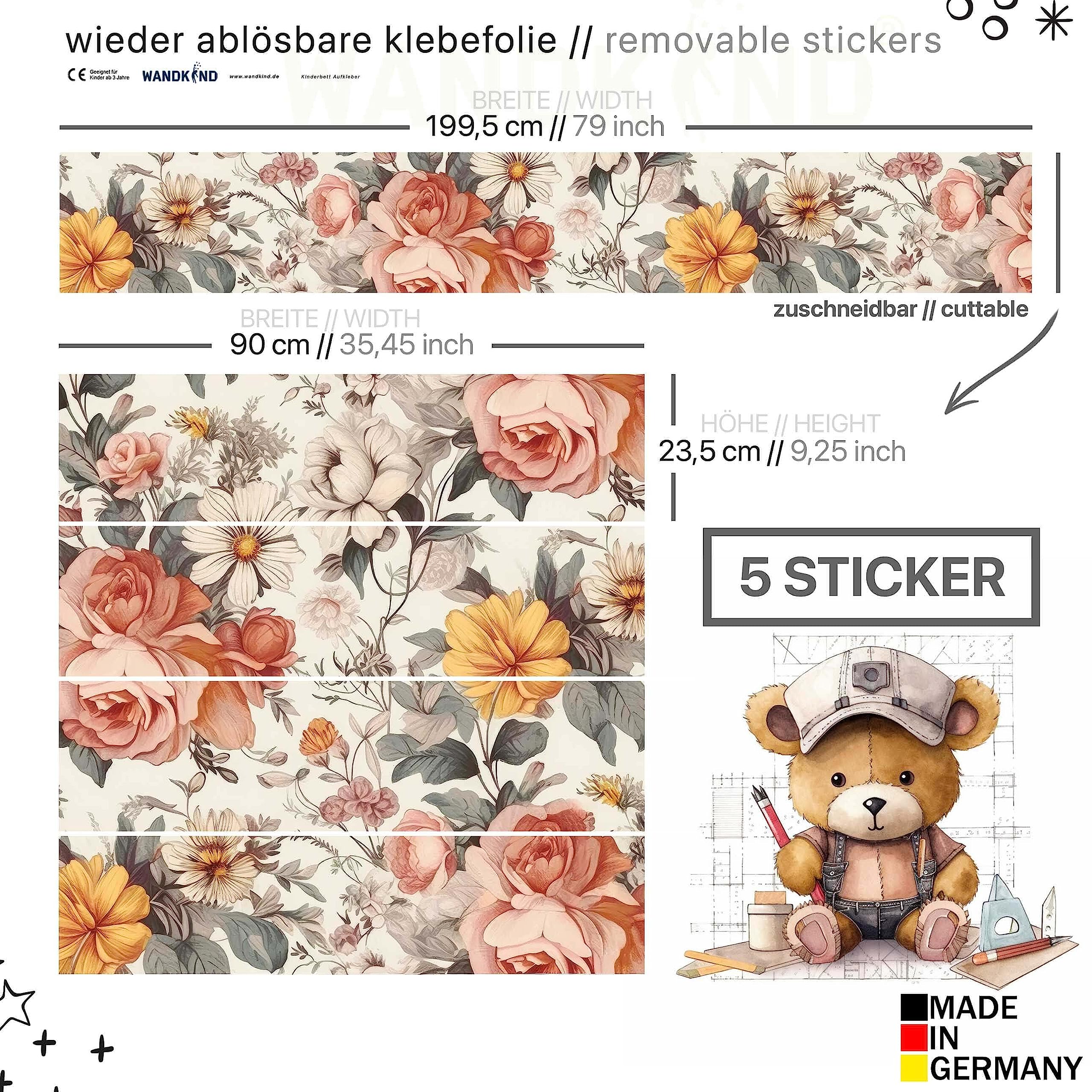 WANDKIND Aufkleber für IKEA KURA Kinderbett Hochbett Klebefolie Möbelfolie Sticker Kinderzimmer Blumen (Möbel nicht inklusive) IKB506 (5 Sticker Set)