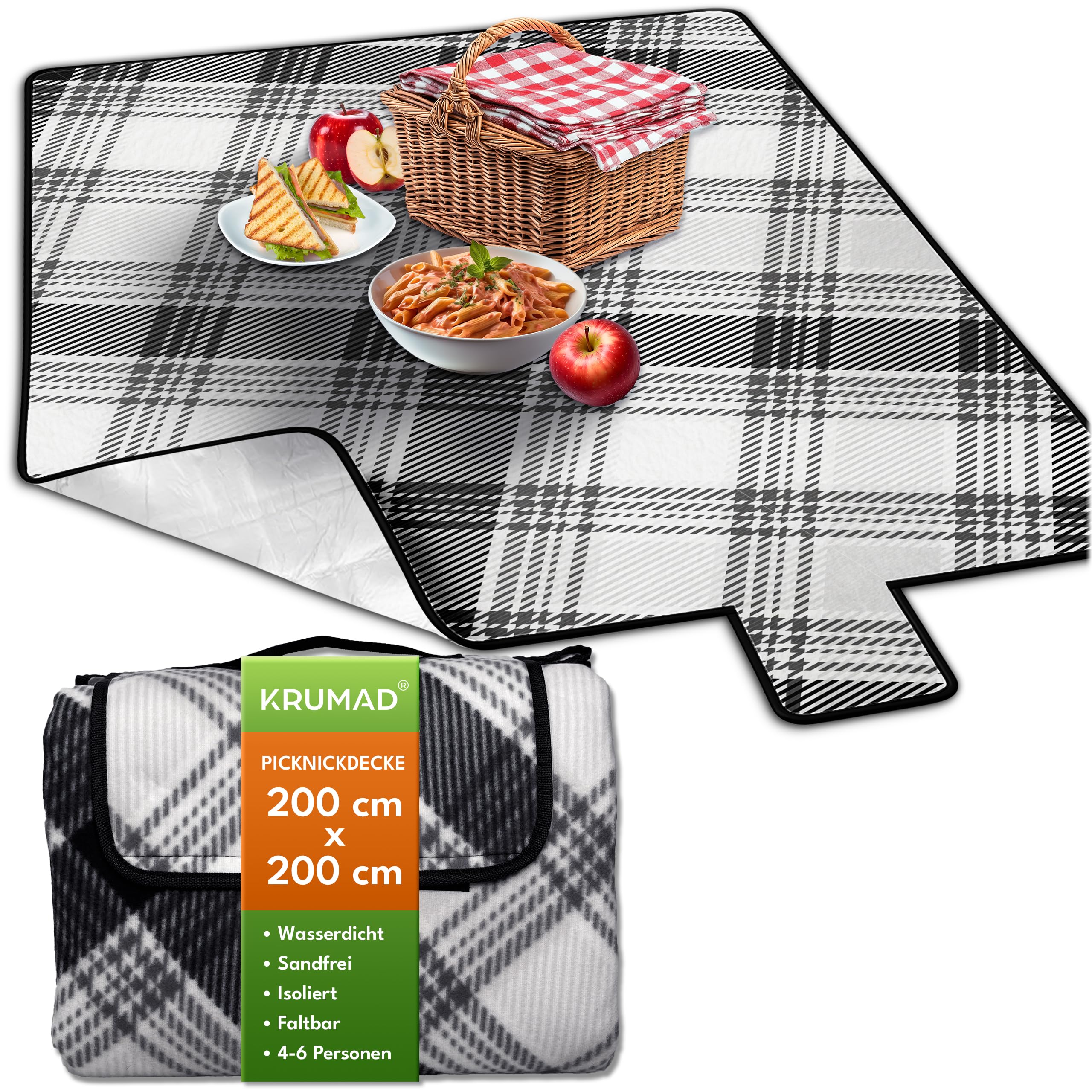 KRUMAD Coperta da picnic, impermeabile, XXL, 200 x 200 cm, per esterni, imbottita, senza sabbia, da campeggio, per spiaggia, giardino e parco, pieghevole con maniglia, leggera e comoda (grigio-nero)