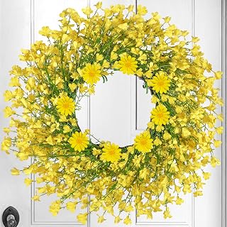 24 Inch Large Spring Summer Wreaths for Front Door, Daisy Wreaths for Front Door Artificial Floral with Wild Floral for Farmhouse Porch Wall Living Room Home Decor