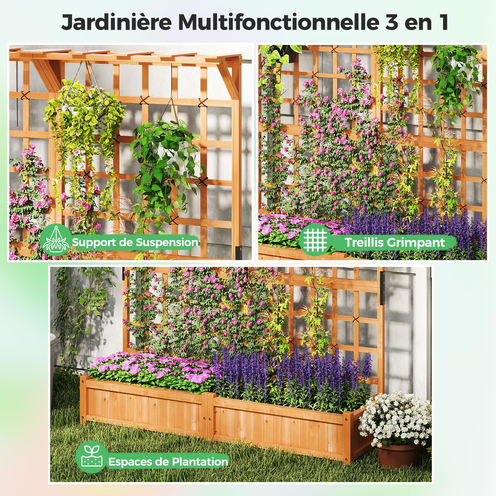 RELAX4LIFE Jardinière Surélevée avec Treillis 183CM, Jardinière sur Pied en Bois avec 4 Trous de Drainage, Conteneur de Plantes Vertical Pourvignes Grimpantes, Naturel